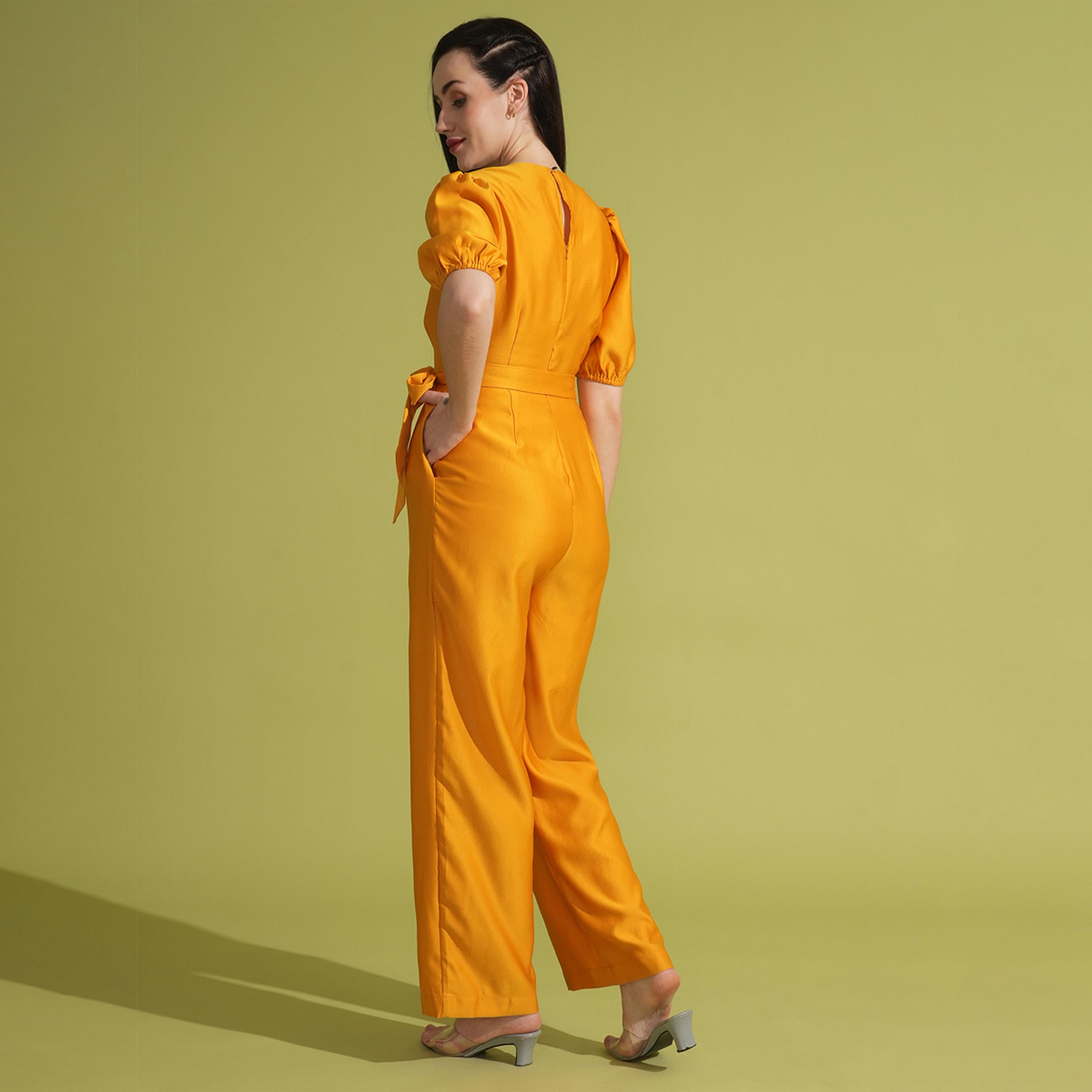 Globus X Styli Solid Round Neck Puff Sleeve Waist Tie-Up Jumpsuit-women-clothing-jumpsuits-image-3