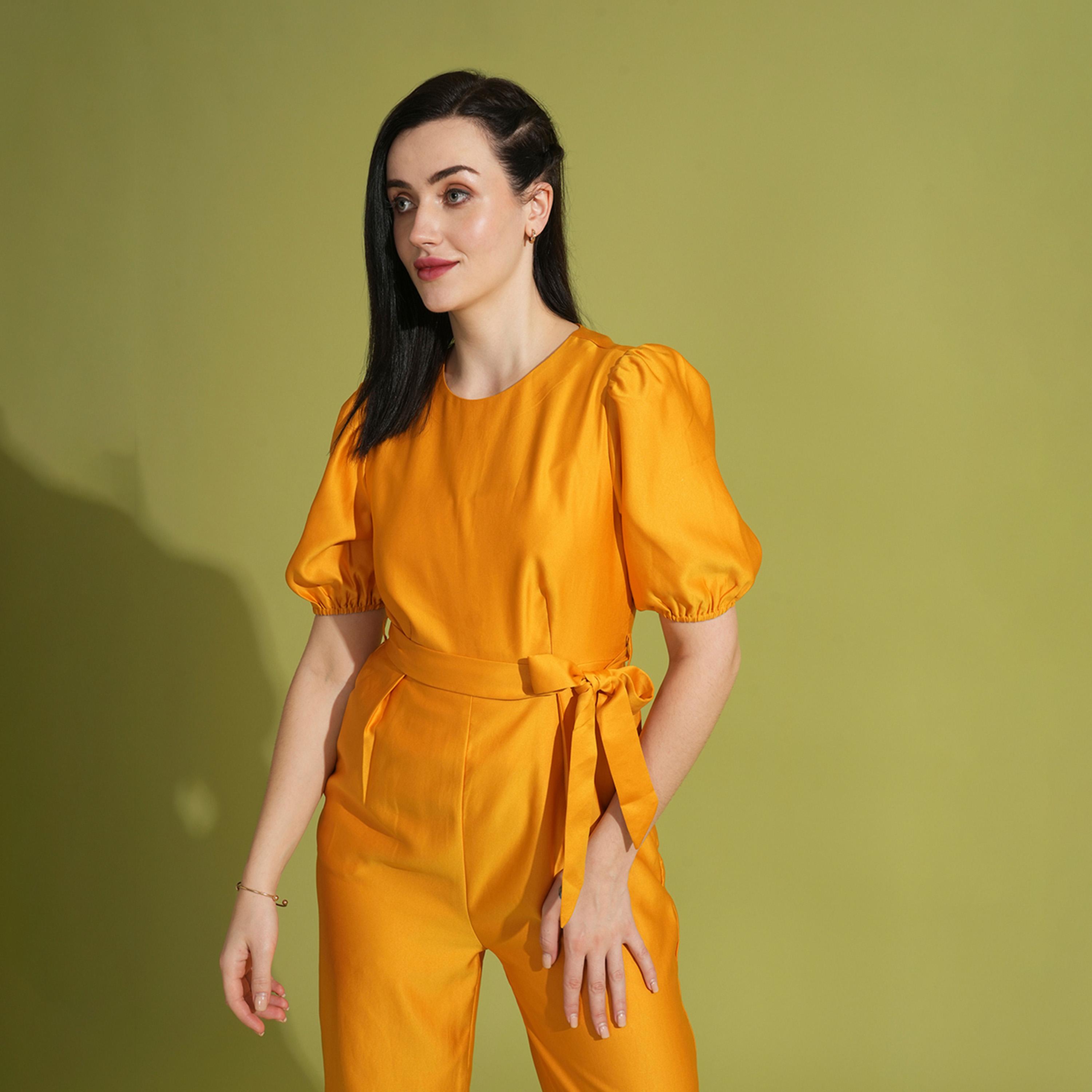 Globus X Styli Solid Round Neck Puff Sleeve Waist Tie-Up Jumpsuit-women-clothing-jumpsuits-image-6