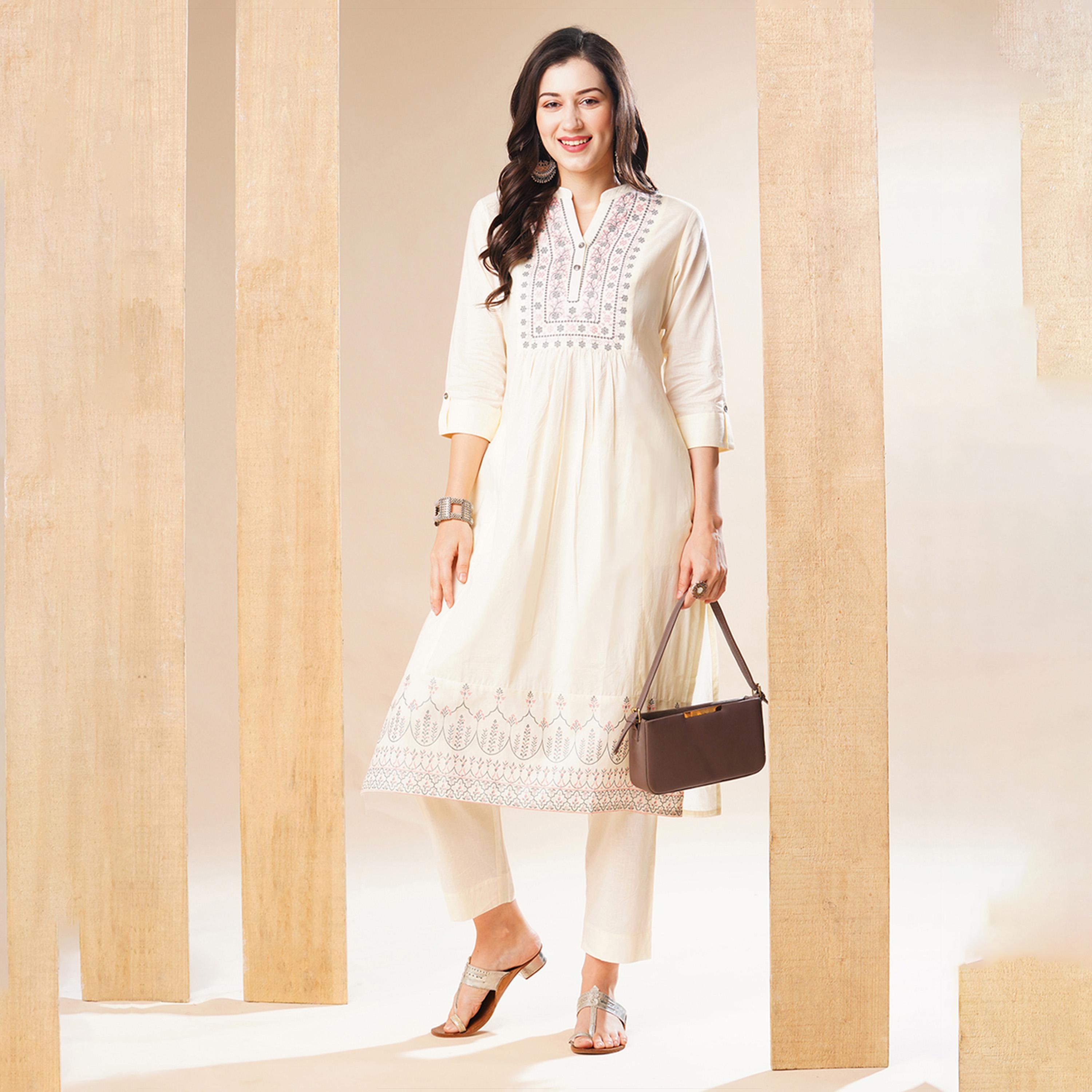 Globus X Styli Embroidered Pleated Straight Kurta And Pant Set-women-clothing-ethnicwear-bottoms-pants-image-1