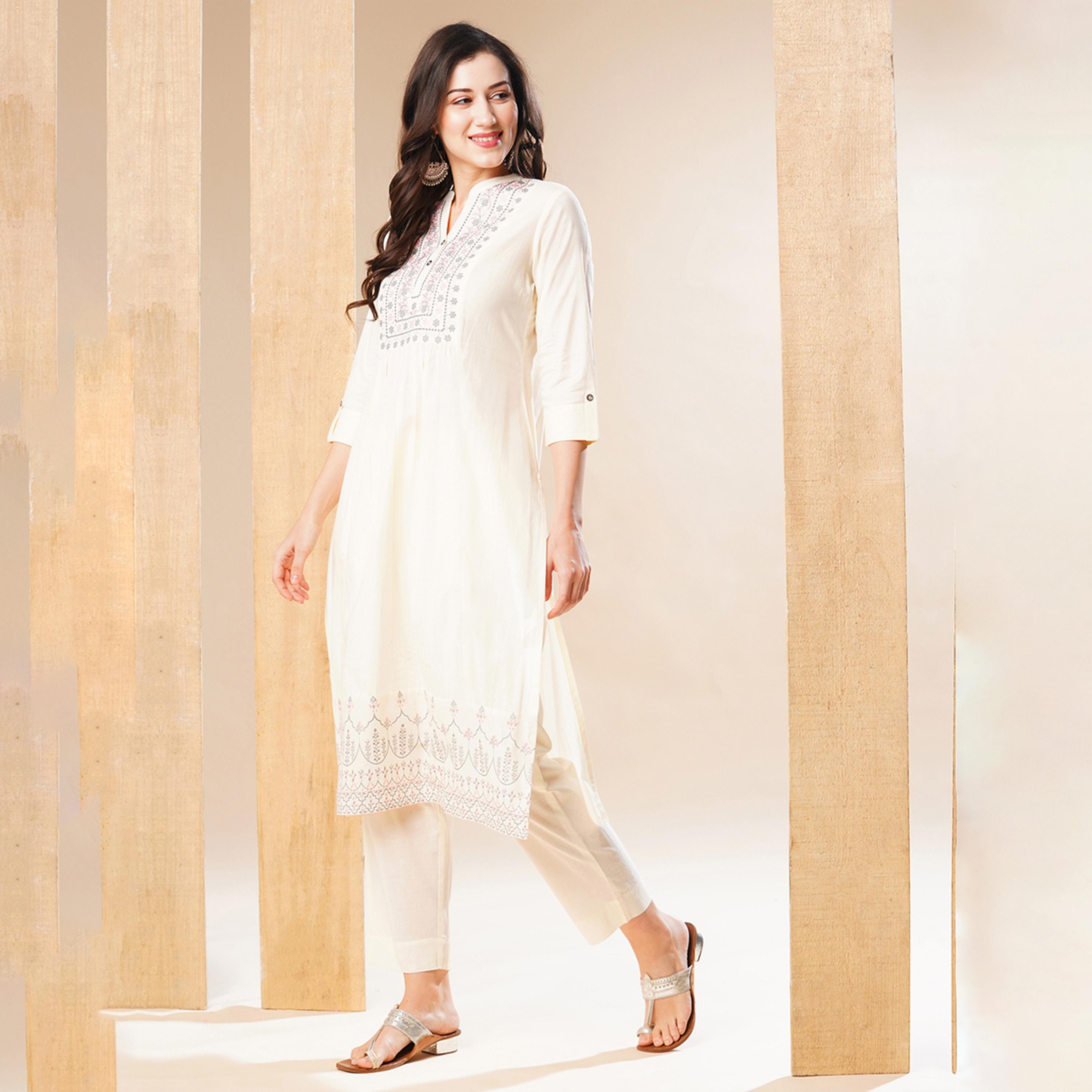 Globus X Styli Embroidered Pleated Straight Kurta And Pant Set-women-clothing-ethnicwear-bottoms-pants-image-2