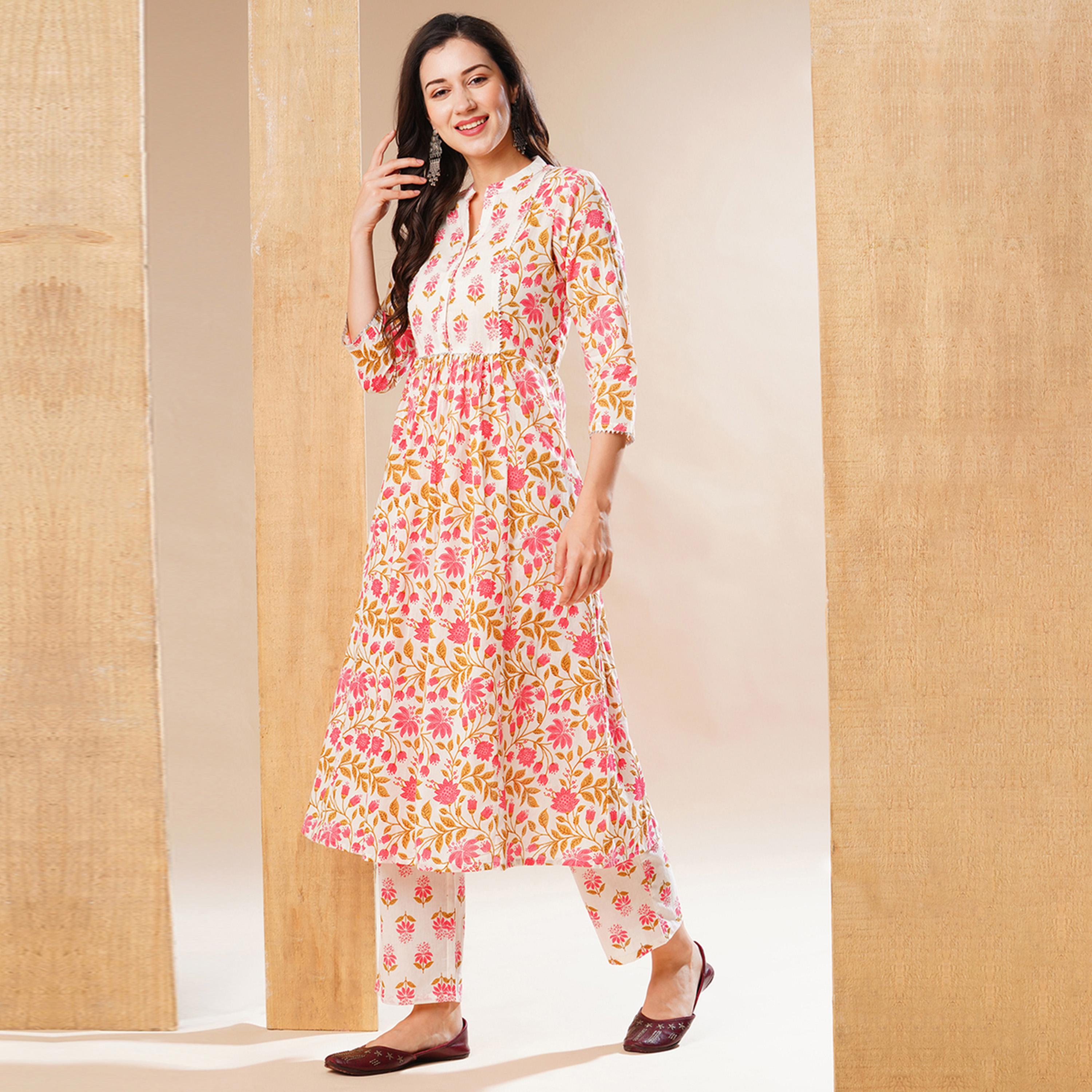 Globus X Styli Globus Women Off-White Floral Print Mandrain Collar A-Line Kurta & Trouser Set-women-clothing-ethnicwear-bottoms-pants-image-2