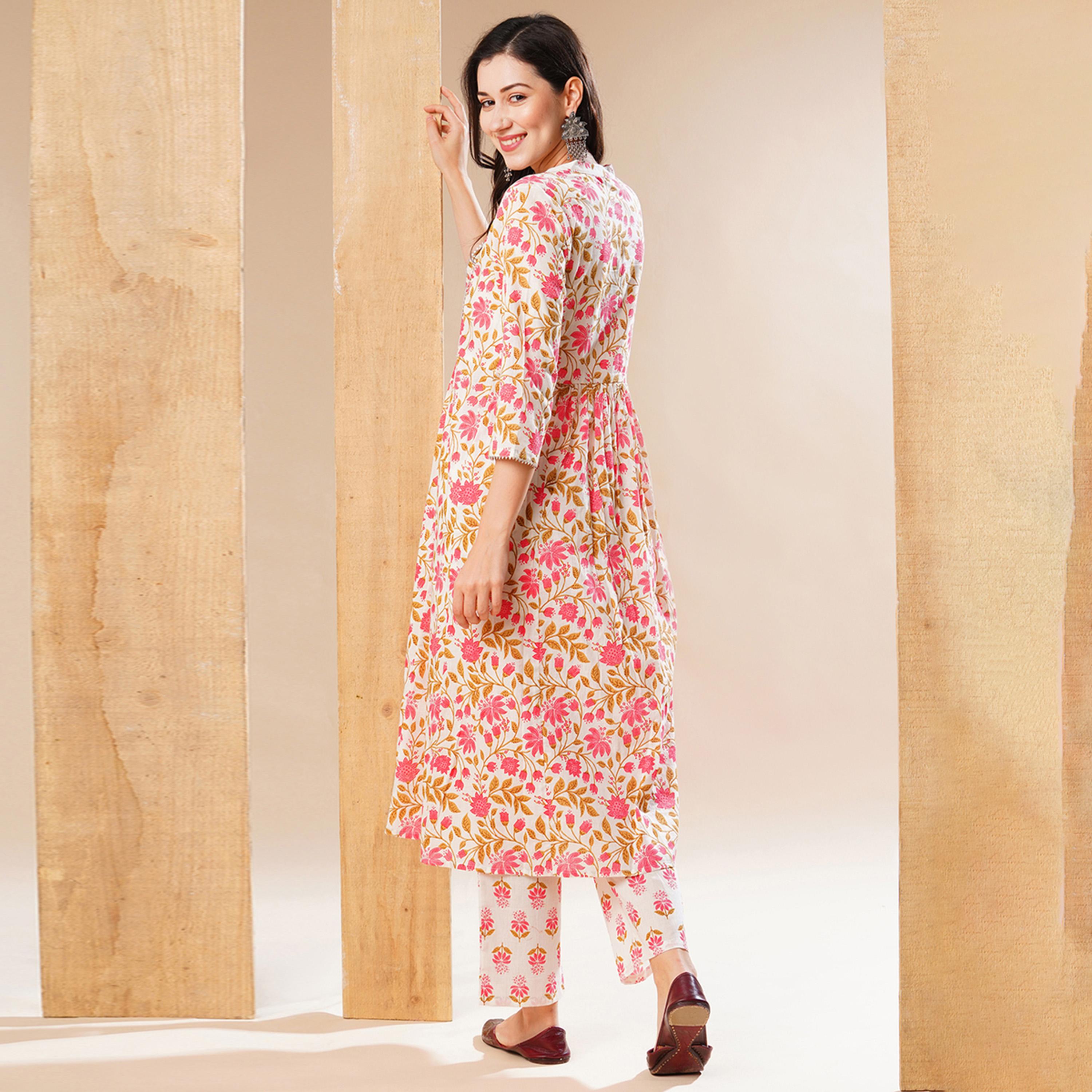 Globus X Styli Globus Women Off-White Floral Print Mandrain Collar A-Line Kurta & Trouser Set-women-clothing-ethnicwear-bottoms-pants-image-3