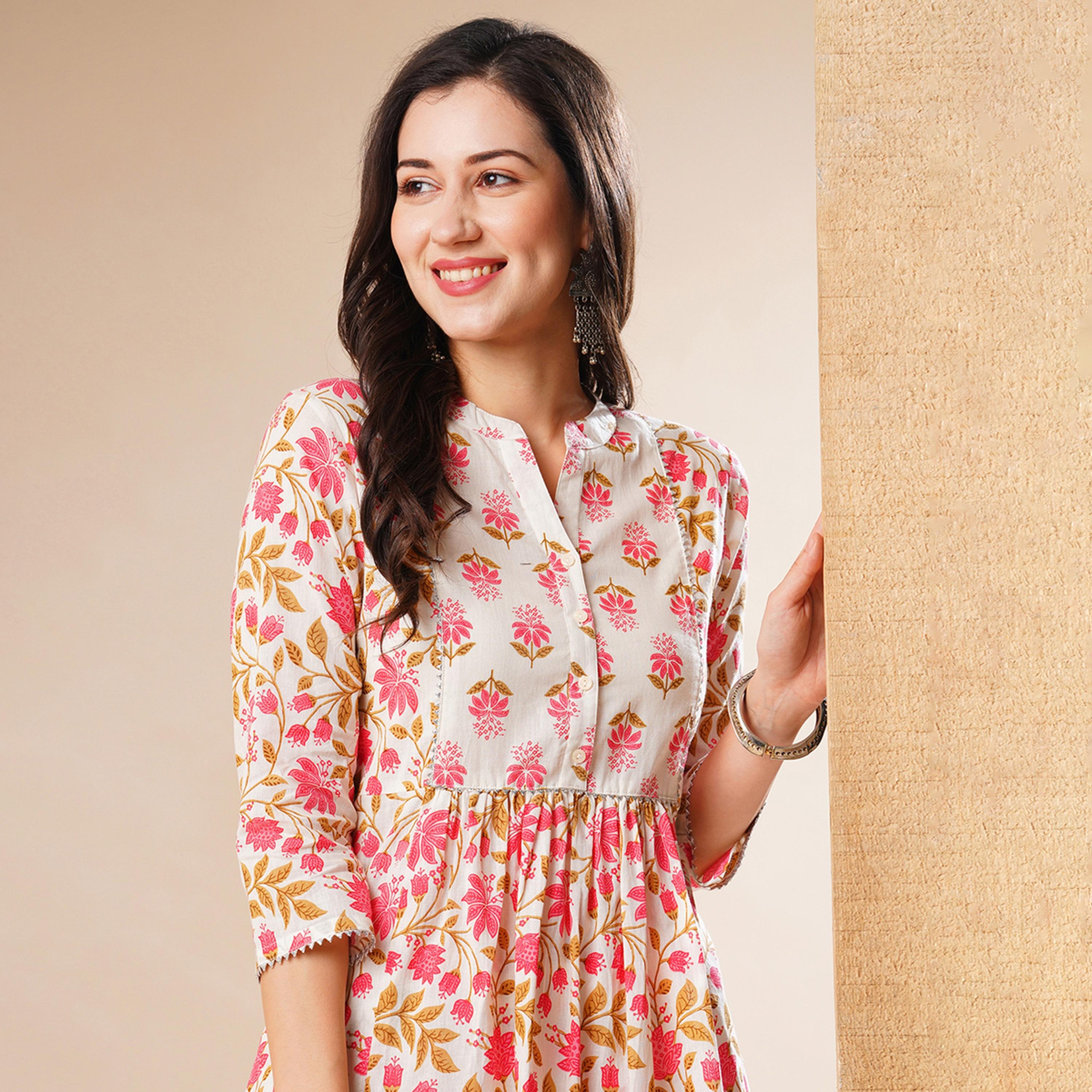 Globus X Styli Globus Women Off-White Floral Print Mandrain Collar A-Line Kurta & Trouser Set-women-clothing-ethnicwear-bottoms-pants-image-6