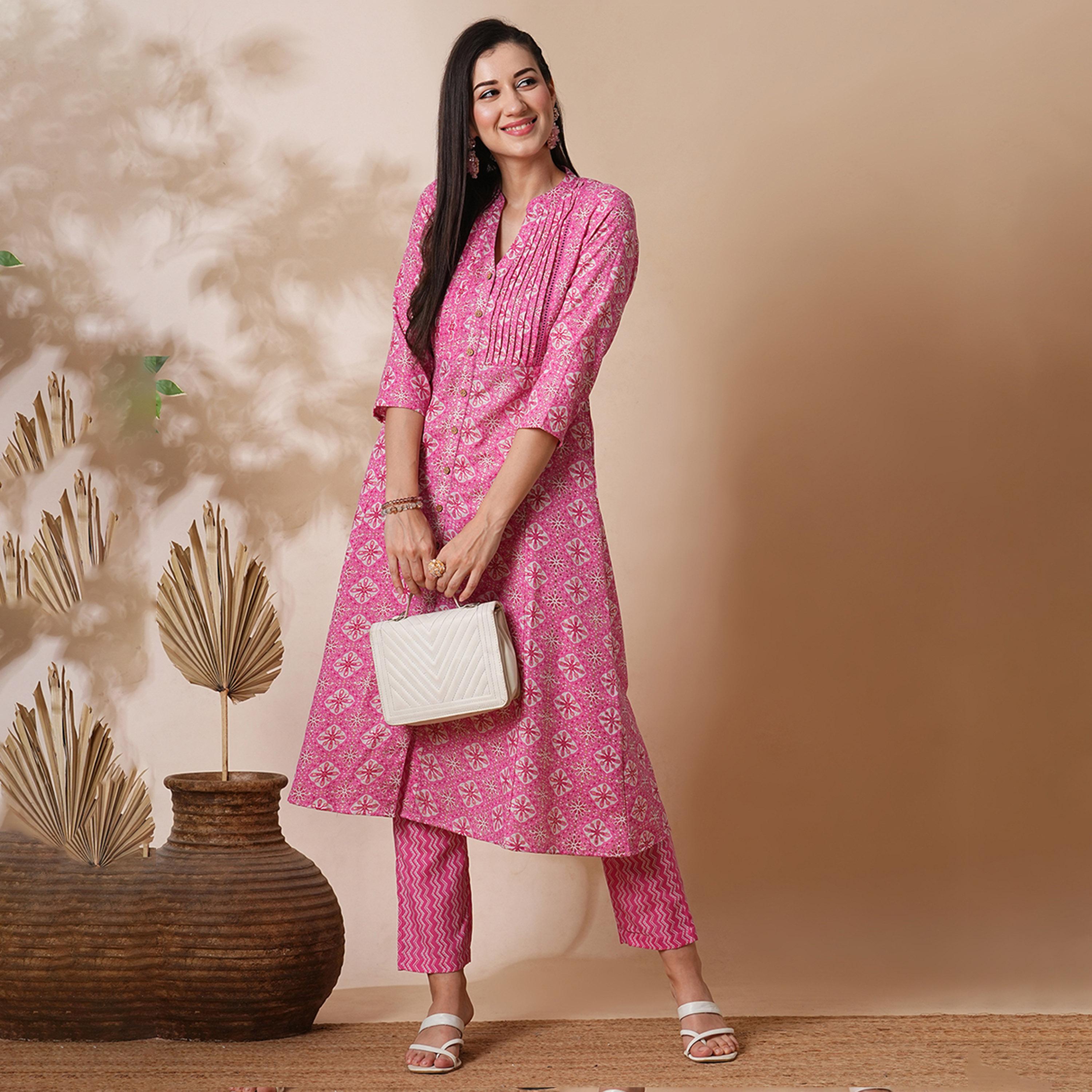 غلوبوس × ستايلي - طقم كورتا مع بنطال بطباعة كاملة وياقة ماندرين وقصّة A-women-clothing-ethnicwear-bottoms-pants-image-1