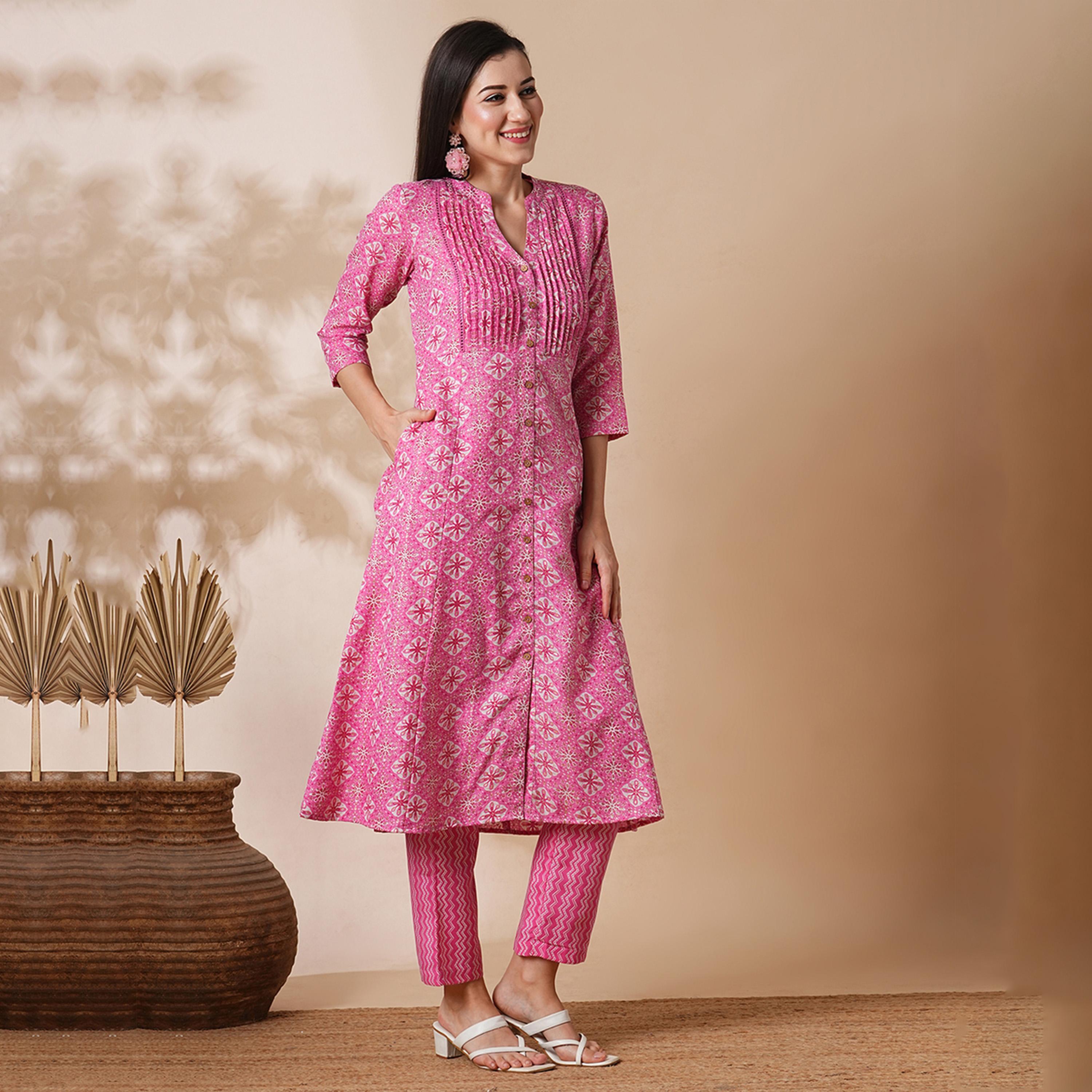 غلوبوس × ستايلي - طقم كورتا مع بنطال بطباعة كاملة وياقة ماندرين وقصّة A-women-clothing-ethnicwear-bottoms-pants-image-2