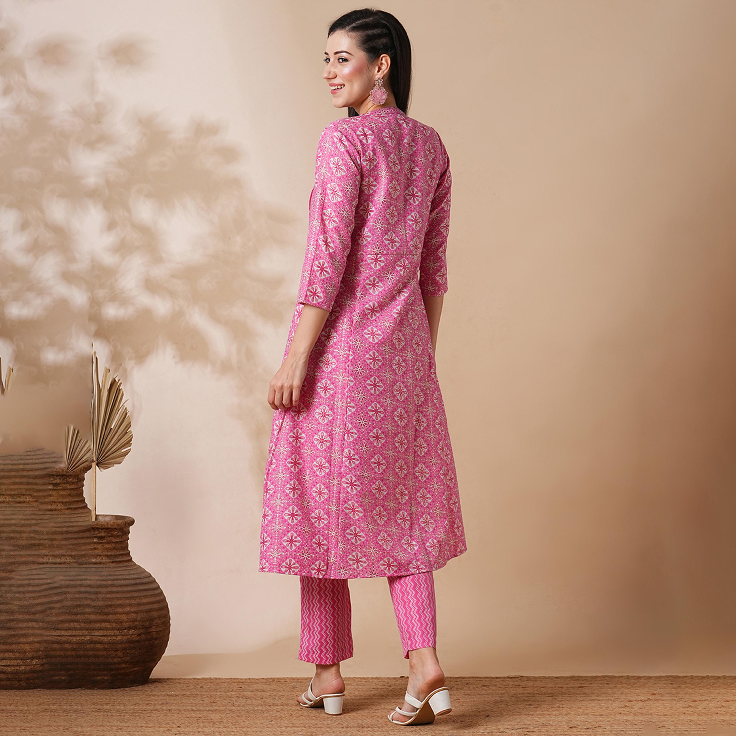 غلوبوس × ستايلي - طقم كورتا مع بنطال بطباعة كاملة وياقة ماندرين وقصّة A-women-clothing-ethnicwear-bottoms-pants-image-3