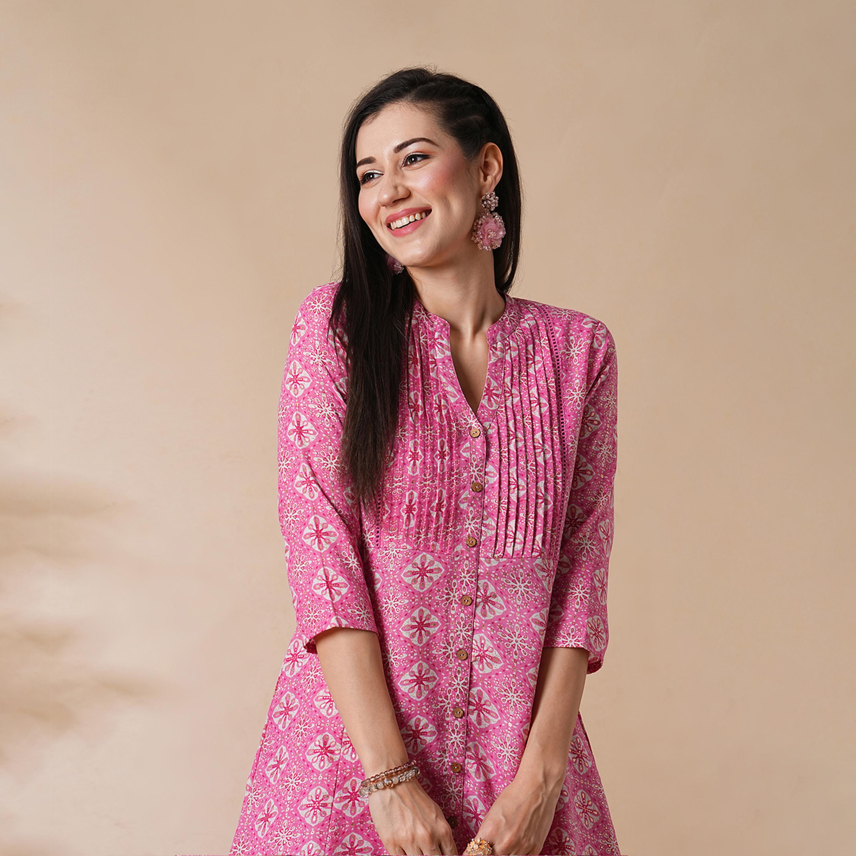 غلوبوس × ستايلي - طقم كورتا مع بنطال بطباعة كاملة وياقة ماندرين وقصّة A-women-clothing-ethnicwear-bottoms-pants-image-6
