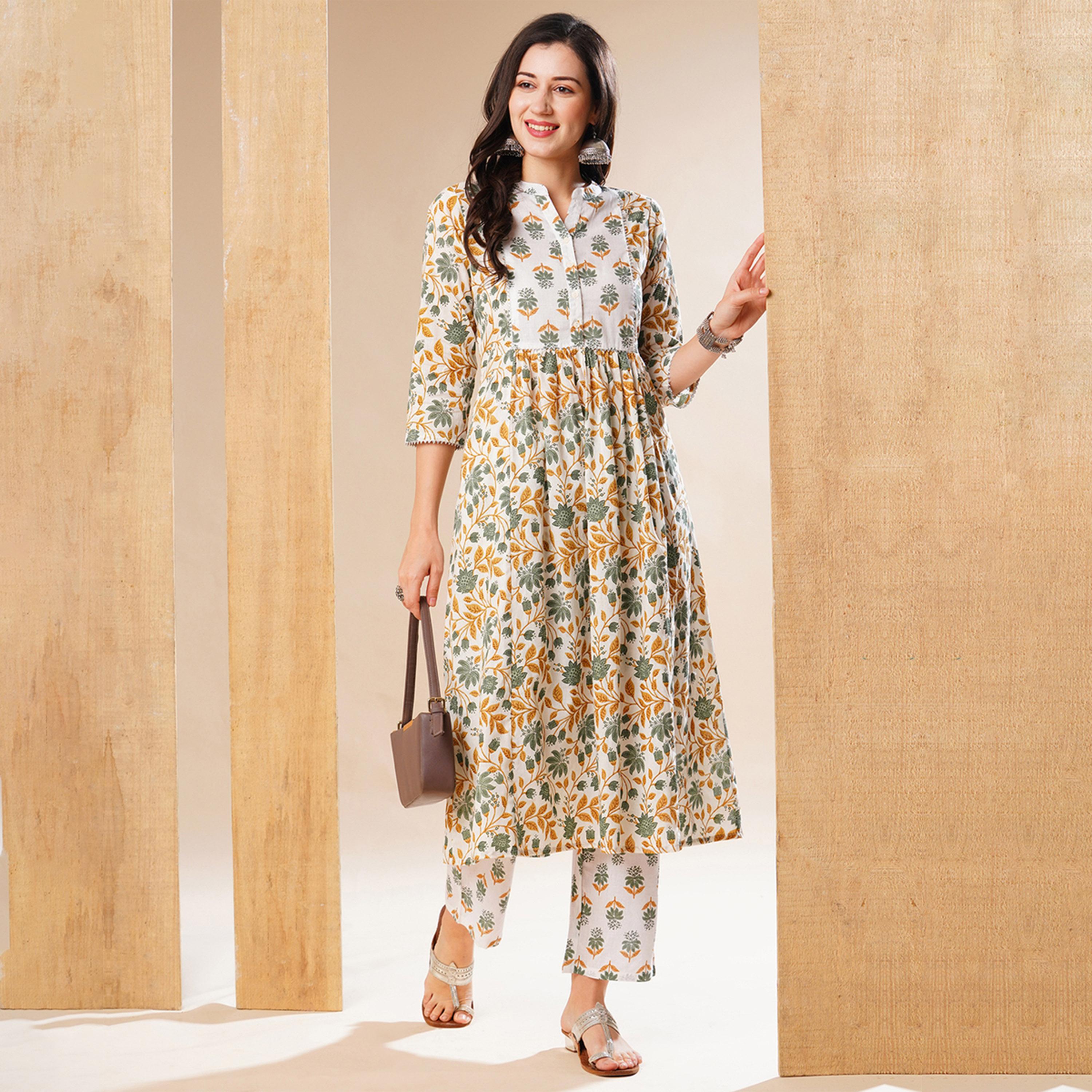 غلوبوس × ستايلي - طقم كورتا بطبعة زهور وياقة ماندرين وقصة حرف A مع بنطال-women-clothing-ethnicwear-bottoms-pants-image-1