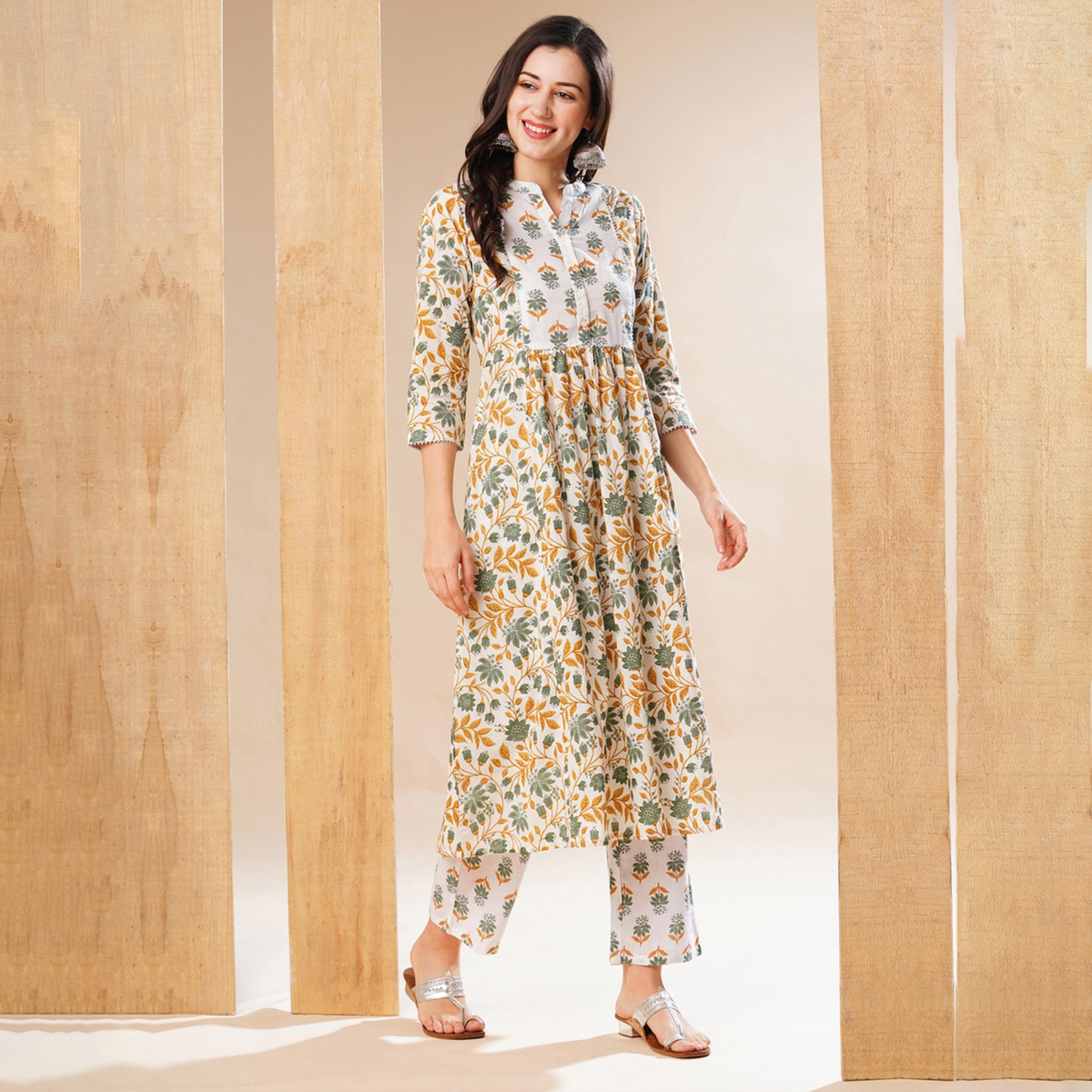 غلوبوس × ستايلي - طقم كورتا بطبعة زهور وياقة ماندرين وقصة حرف A مع بنطال-women-clothing-ethnicwear-bottoms-pants-image-2