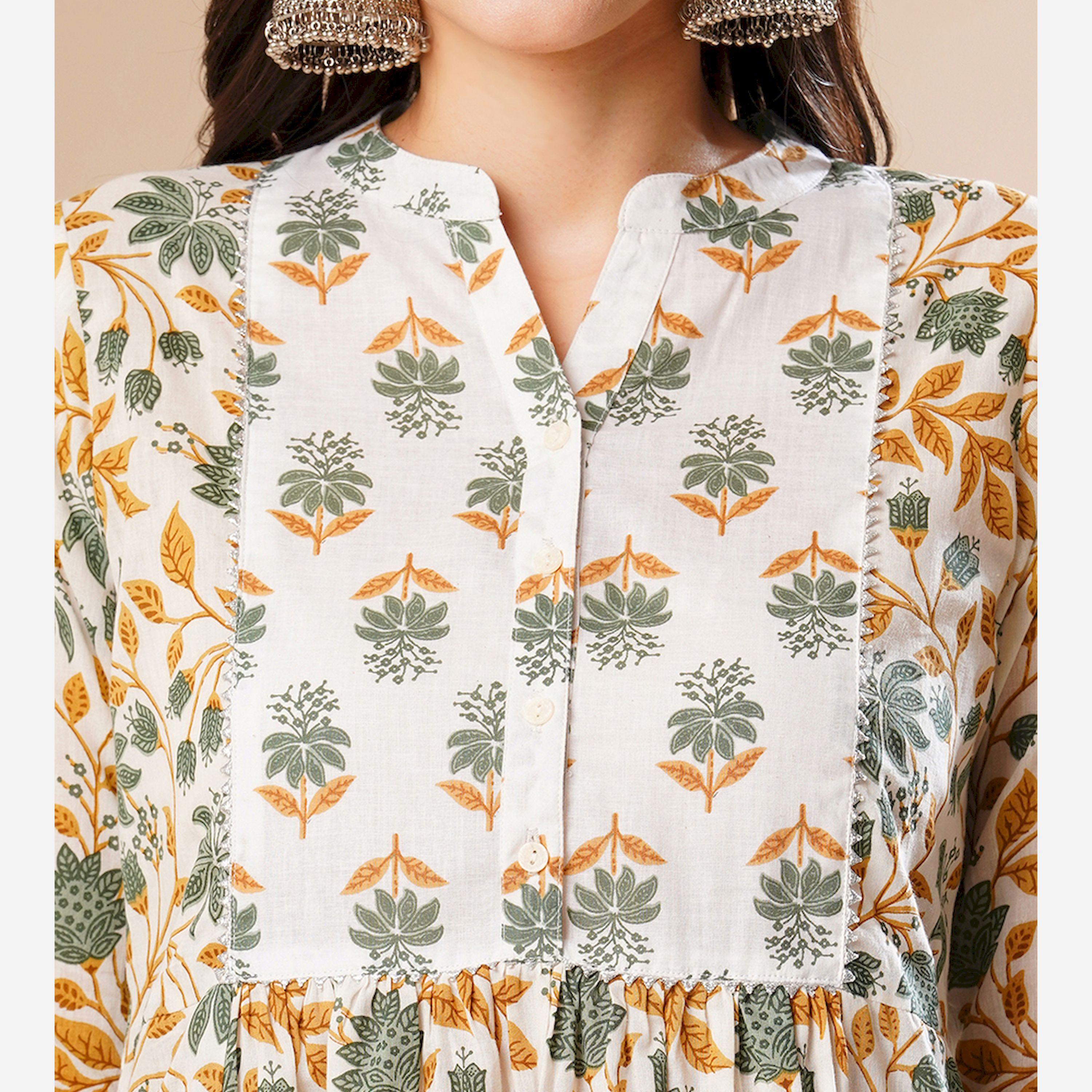 غلوبوس × ستايلي - طقم كورتا بطبعة زهور وياقة ماندرين وقصة حرف A مع بنطال-women-clothing-ethnicwear-bottoms-pants-image-4