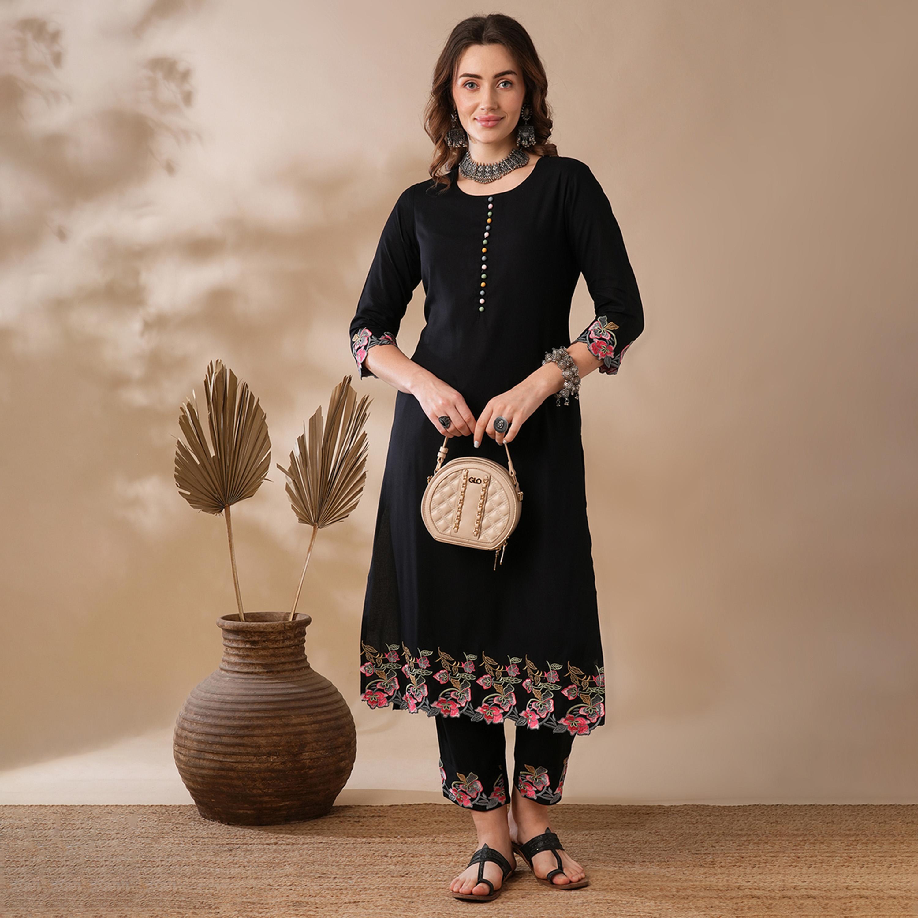 Globus X Styli Globus Women Black Potli Button Floral Scalloped Hem Straight Workwear Kurta And Elasticated Pants Set-women-clothing-ethnicwear-kurtasets-image-1
