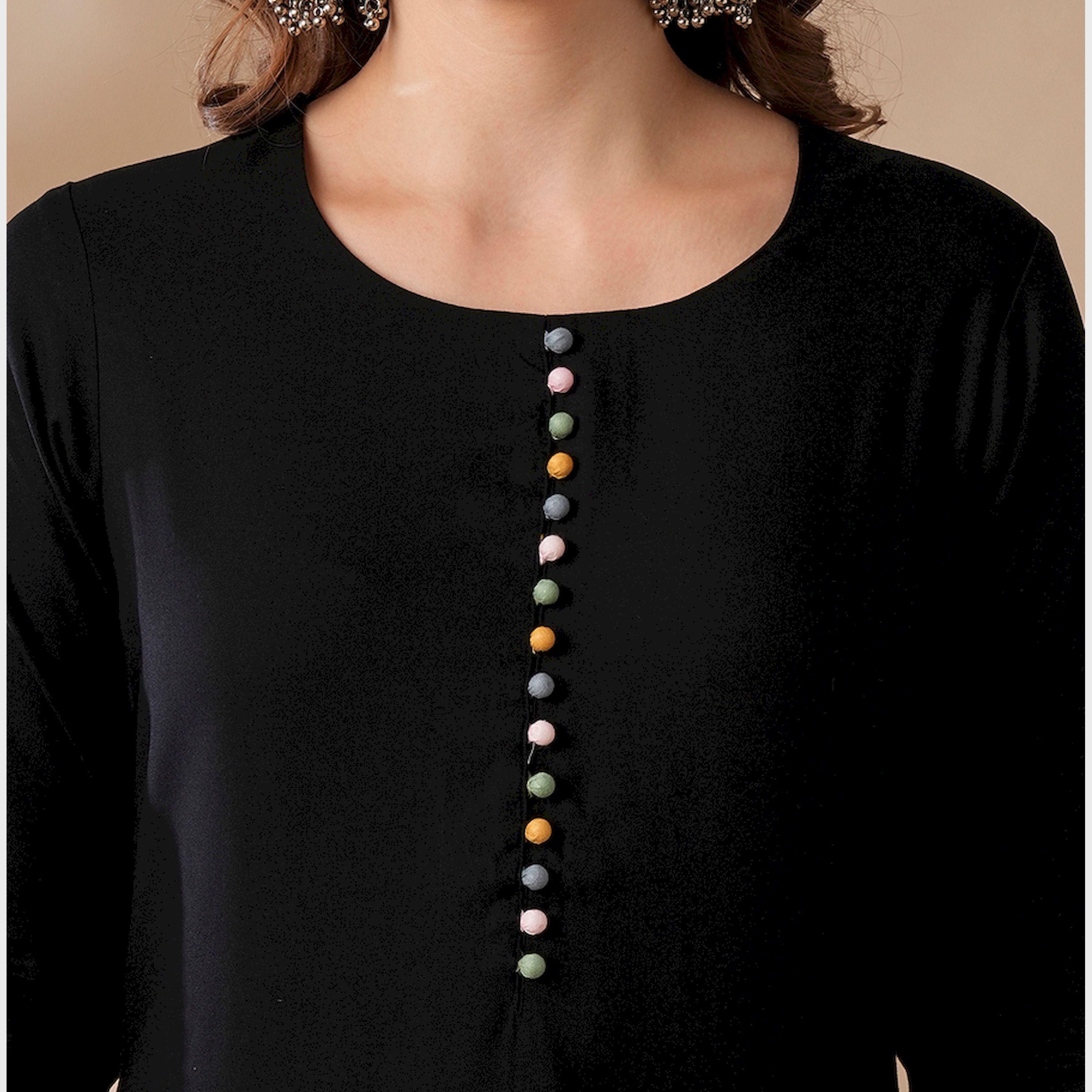 Globus X Styli Globus Women Black Potli Button Floral Scalloped Hem Straight Workwear Kurta And Elasticated Pants Set-women-clothing-ethnicwear-kurtasets-image-4