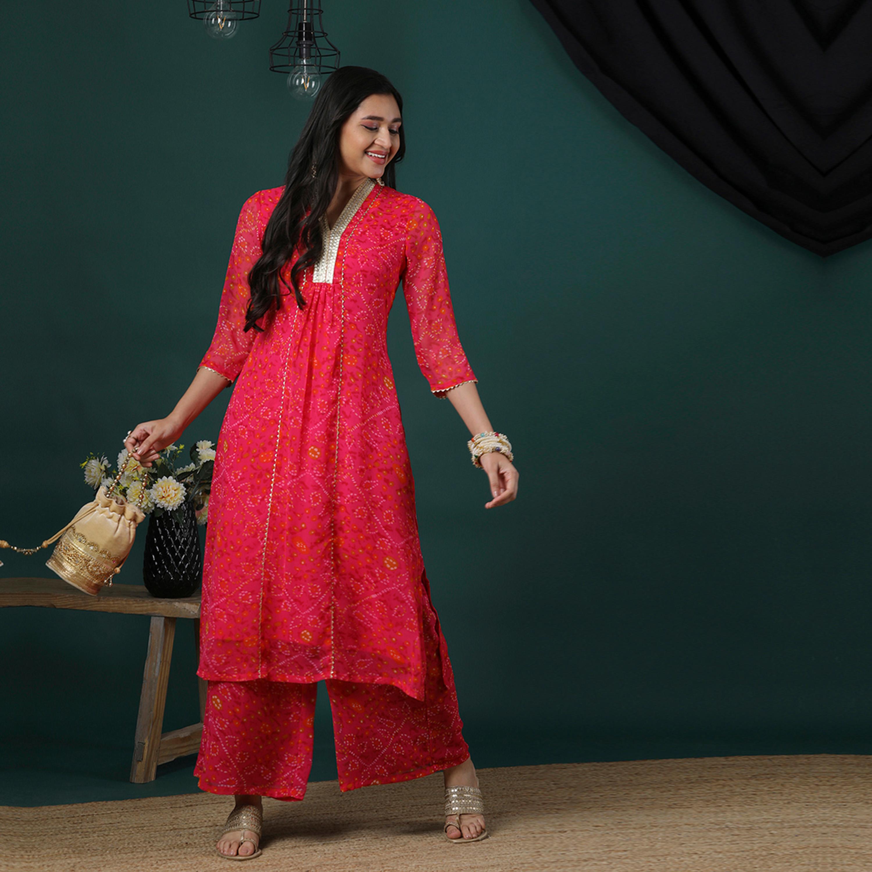 Globus X Styli Globus Women Pink V-Neck Gotta Lace Bandhani Print Panelled A-Line Kurta & Flared Palazzos Festive Set-women-clothing-ethnicwear-kurtasets-image-1