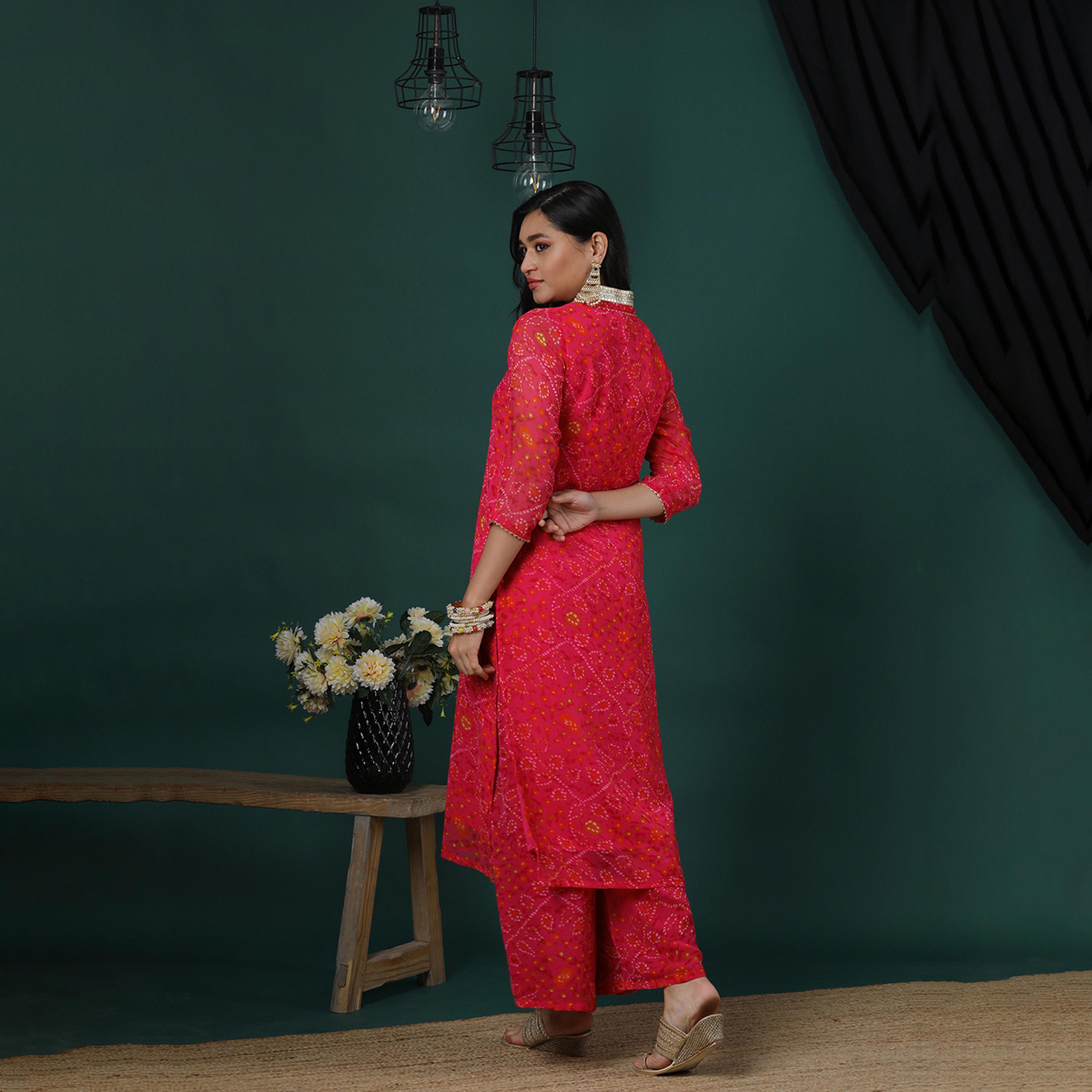 Globus X Styli Globus Women Pink V-Neck Gotta Lace Bandhani Print Panelled A-Line Kurta & Flared Palazzos Festive Set-women-clothing-ethnicwear-kurtasets-image-3