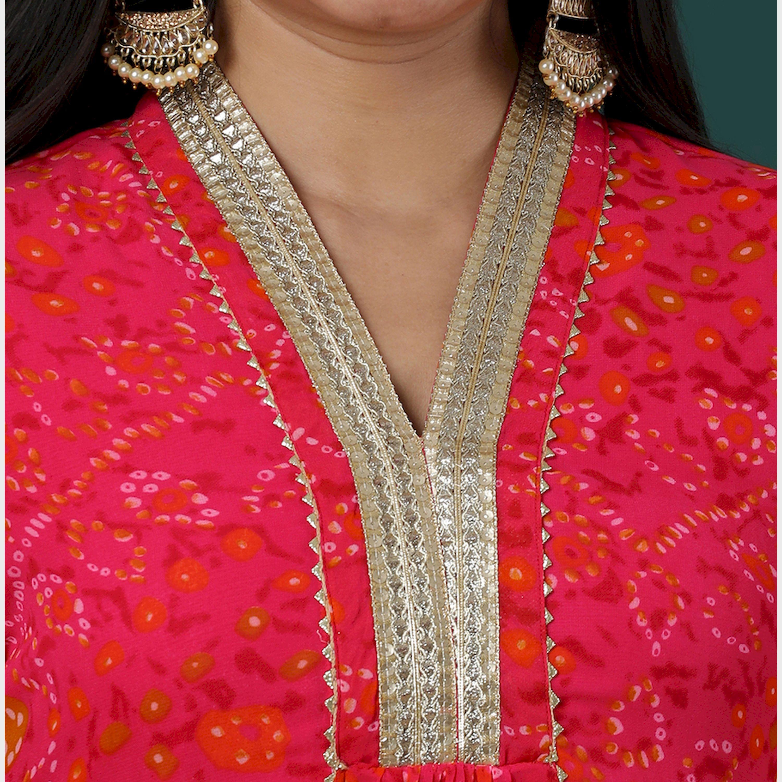 Globus X Styli Globus Women Pink V-Neck Gotta Lace Bandhani Print Panelled A-Line Kurta & Flared Palazzos Festive Set-women-clothing-ethnicwear-kurtasets-image-4