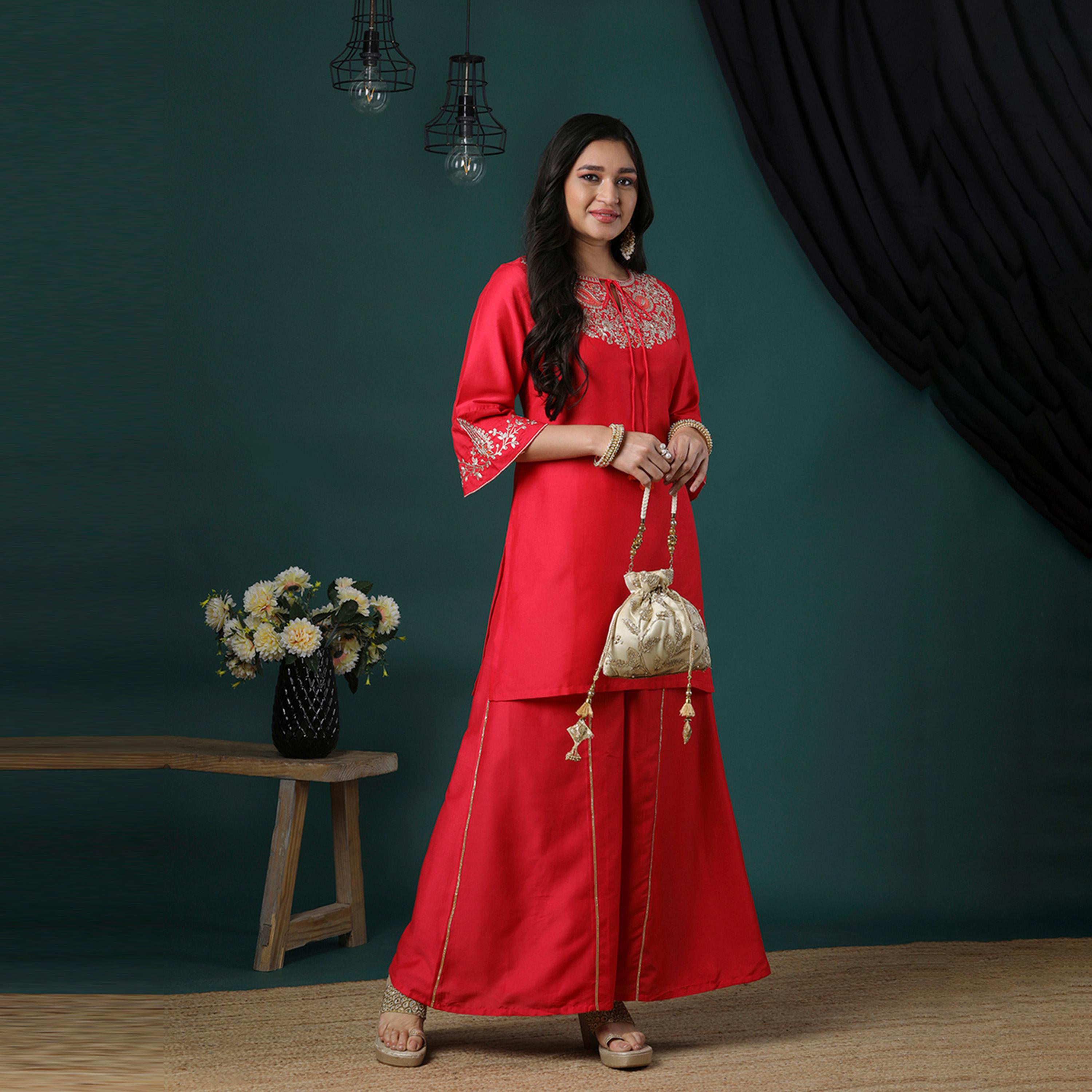 Globus X Styli Globus Women Pink Round Embroidered Tie-Up Neck Bell Sleeves Straight Kurta And Panelled Palazzos Festive Set-women-clothing-ethnicwear-bottoms-pants-image-1