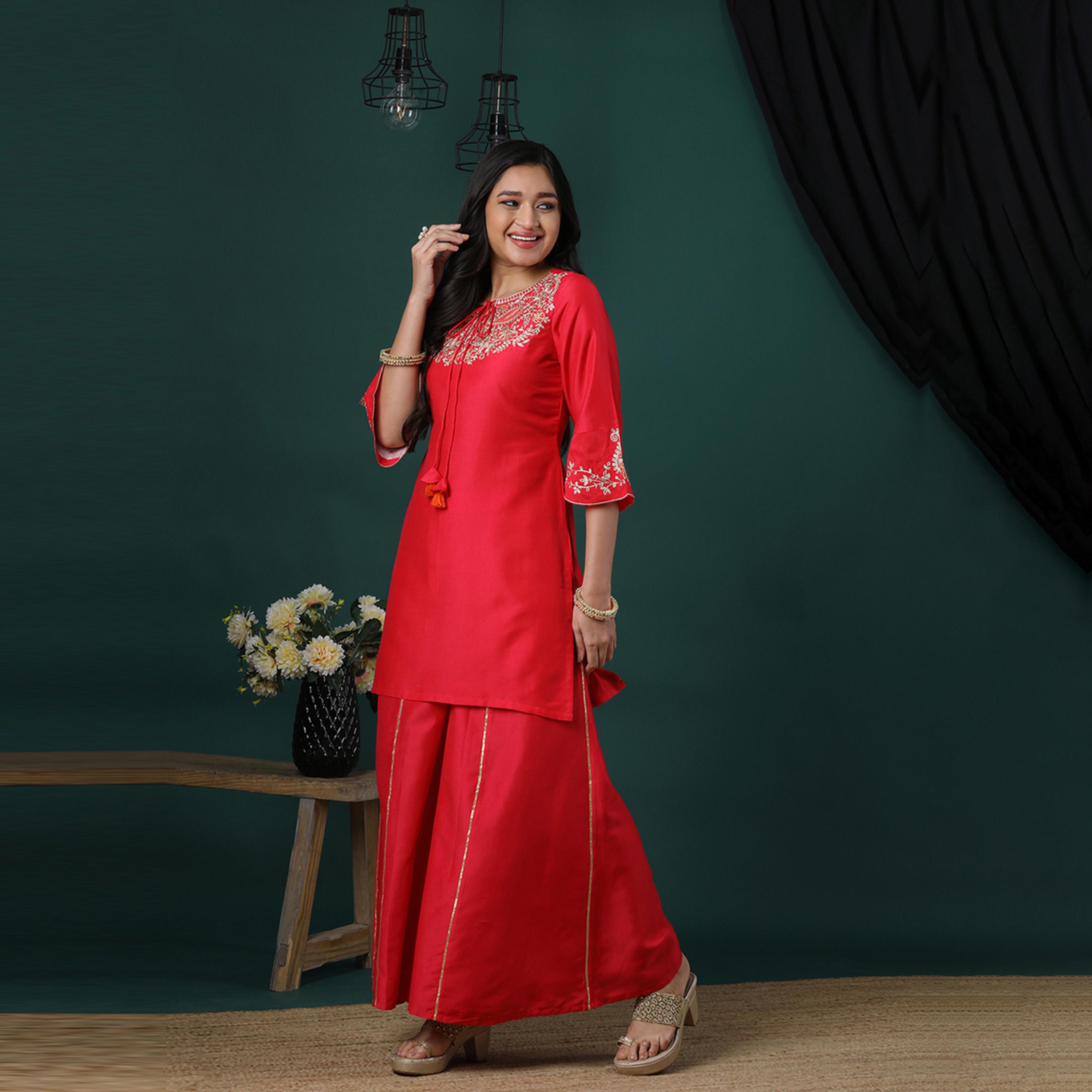 Globus X Styli Globus Women Pink Round Embroidered Tie-Up Neck Bell Sleeves Straight Kurta And Panelled Palazzos Festive Set-women-clothing-ethnicwear-bottoms-pants-image-2
