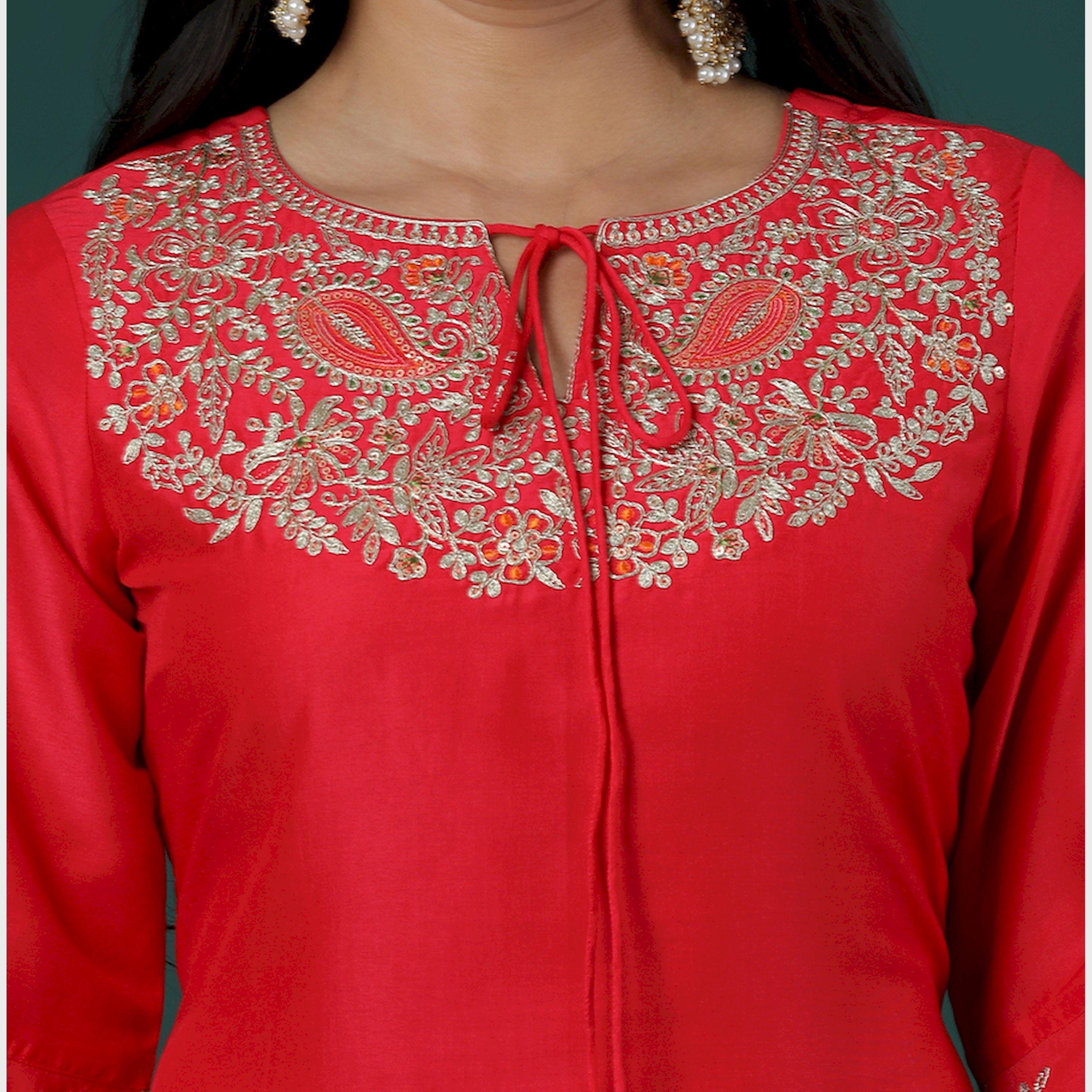 Globus X Styli Globus Women Pink Round Embroidered Tie-Up Neck Bell Sleeves Straight Kurta And Panelled Palazzos Festive Set-women-clothing-ethnicwear-bottoms-pants-image-4