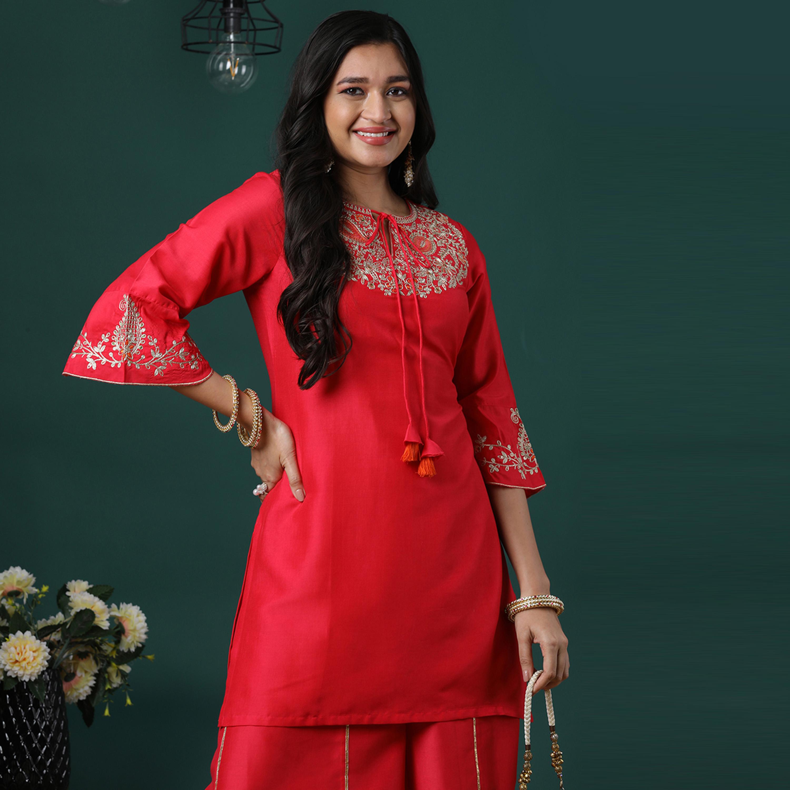 Globus X Styli Globus Women Pink Round Embroidered Tie-Up Neck Bell Sleeves Straight Kurta And Panelled Palazzos Festive Set-women-clothing-ethnicwear-bottoms-pants-image-6