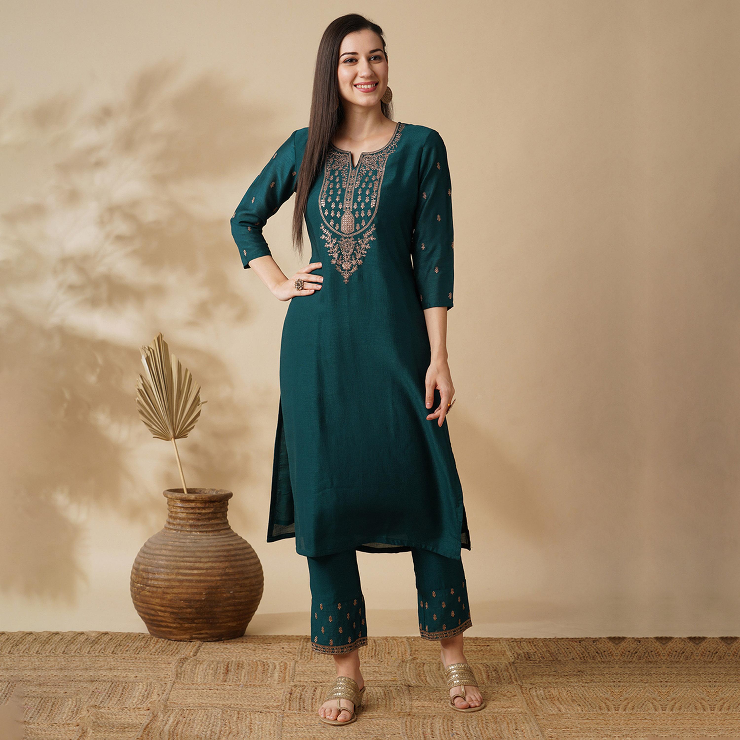 Globus X Styli Embroidered Straight Kurta And Trouser Set-women-clothing-ethnicwear-bottoms-pants-image-1