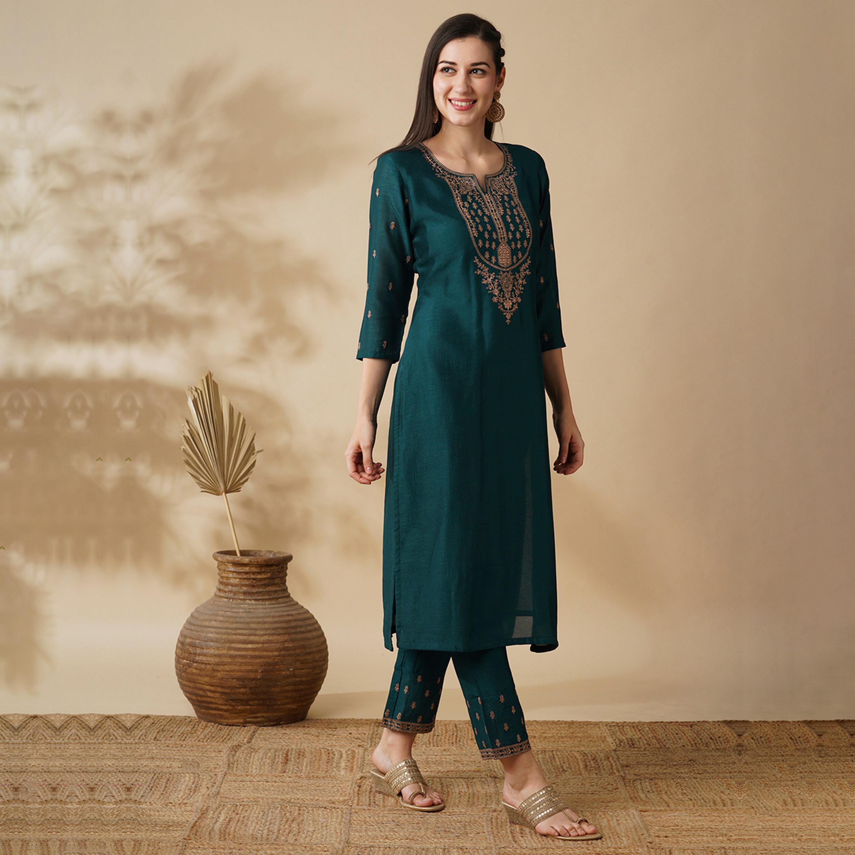 Globus X Styli Embroidered Straight Kurta And Trouser Set-women-clothing-ethnicwear-bottoms-pants-image-2
