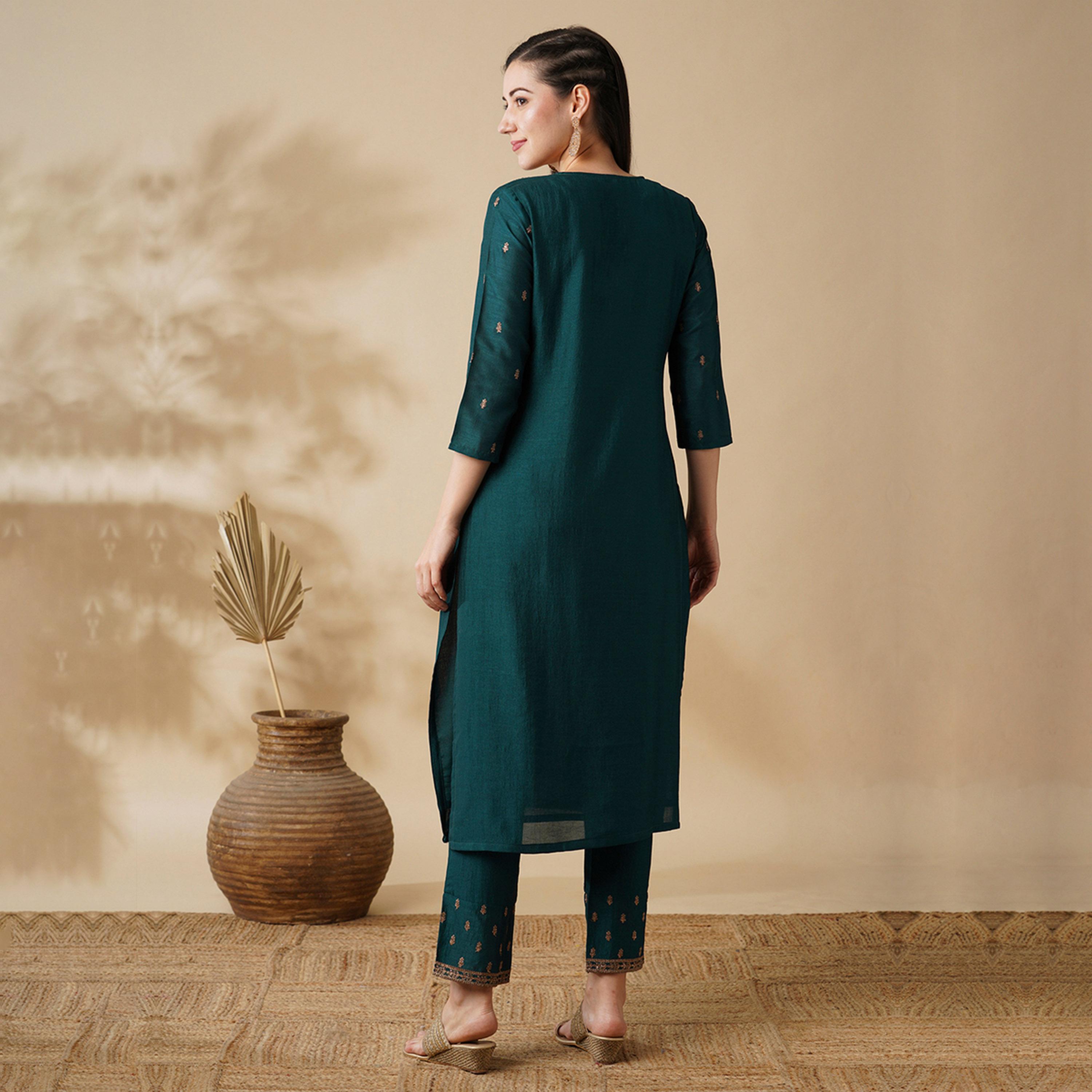 Globus X Styli Embroidered Straight Kurta And Trouser Set-women-clothing-ethnicwear-bottoms-pants-image-3