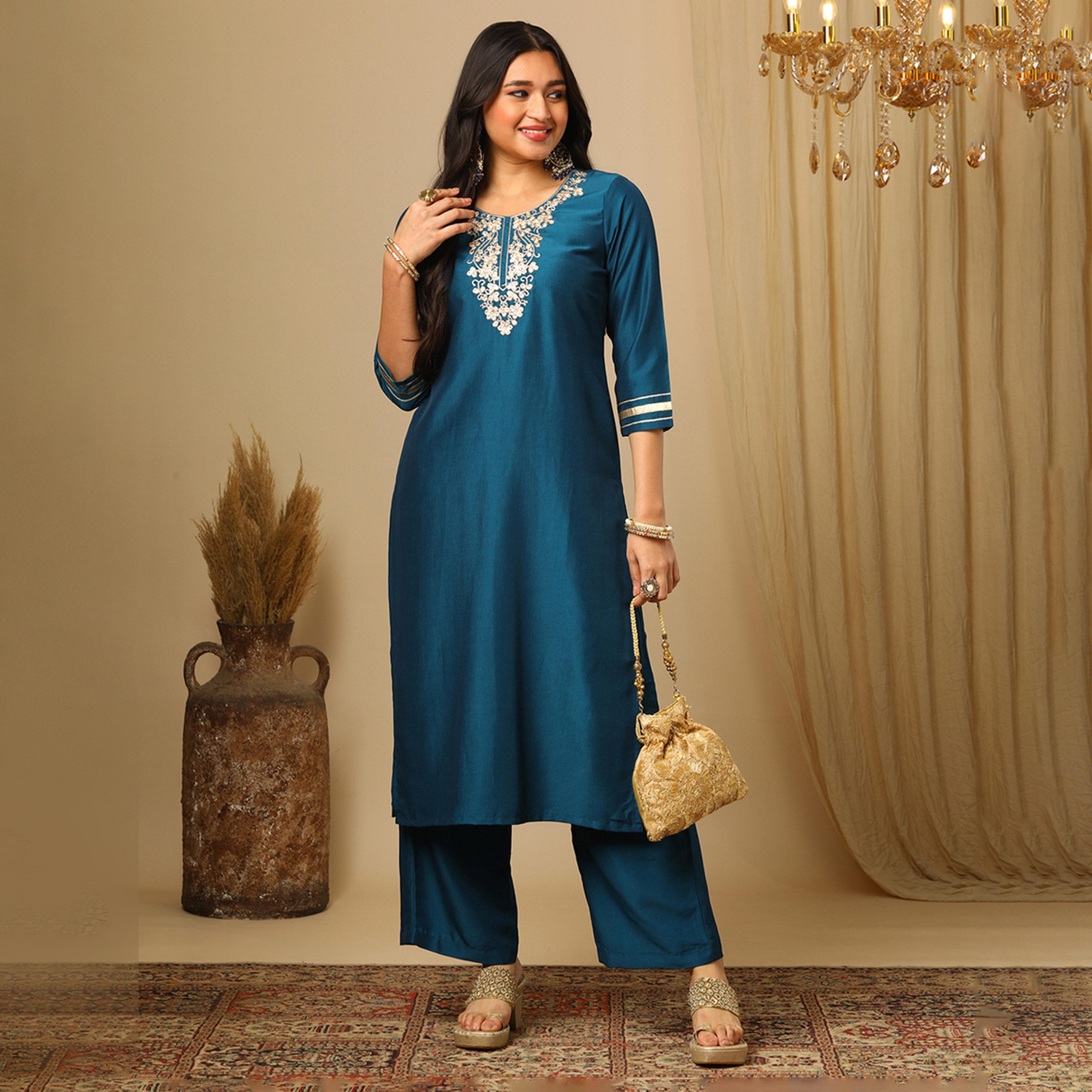 Globus X Styli Embroidered Lace Straight Kurta And Elasticated Pants Set-women-clothing-ethnicwear-bottoms-pants-image-1