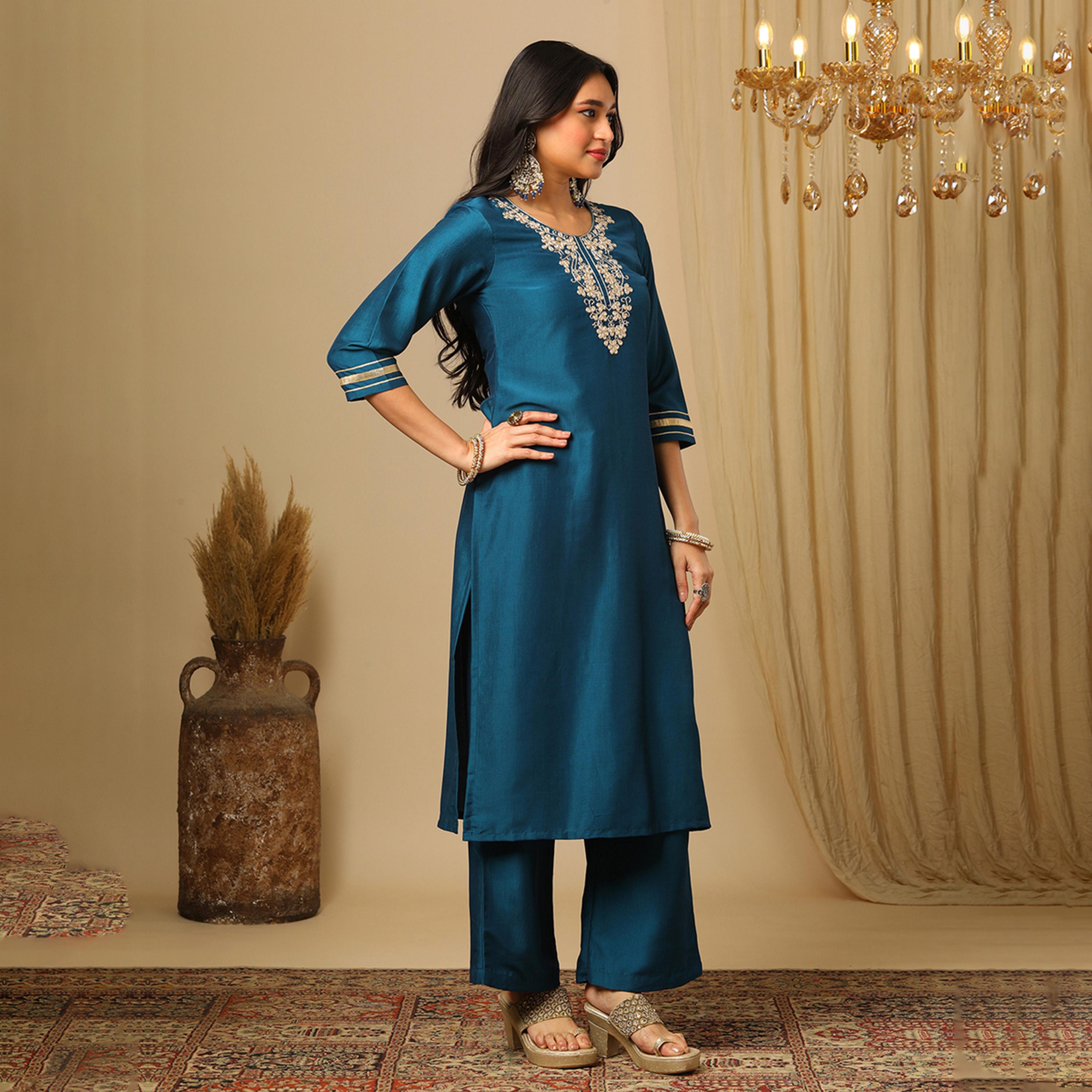 غلوبوس × ستايلي - طقم كورتا مستقيمة من الدانتيل المطرز مع بنطال مطاطي-women-clothing-ethnicwear-bottoms-pants-image-2