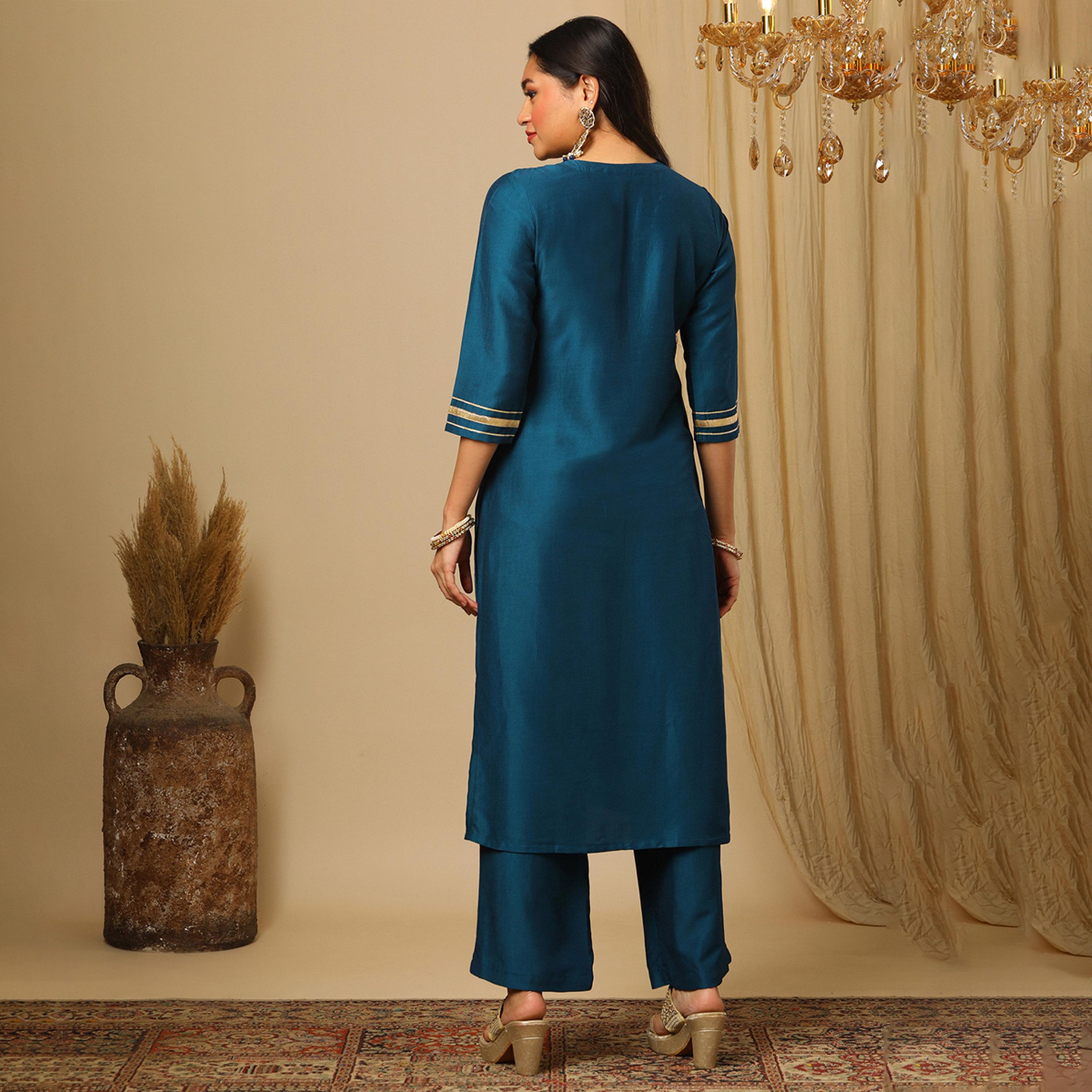 غلوبوس × ستايلي - طقم كورتا مستقيمة من الدانتيل المطرز مع بنطال مطاطي-women-clothing-ethnicwear-bottoms-pants-image-3
