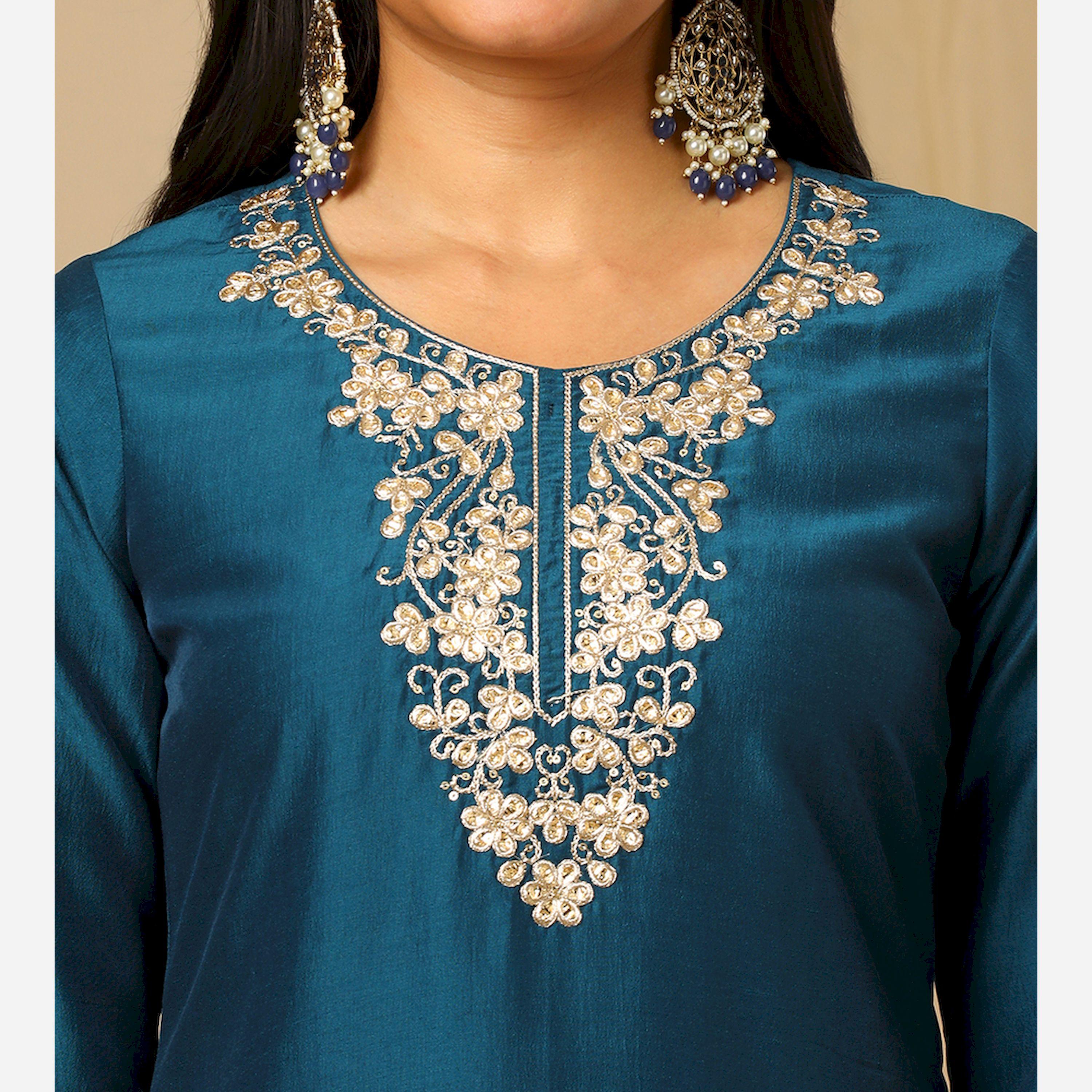 Globus X Styli Embroidered Lace Straight Kurta And Elasticated Pants Set-women-clothing-ethnicwear-bottoms-pants-image-4