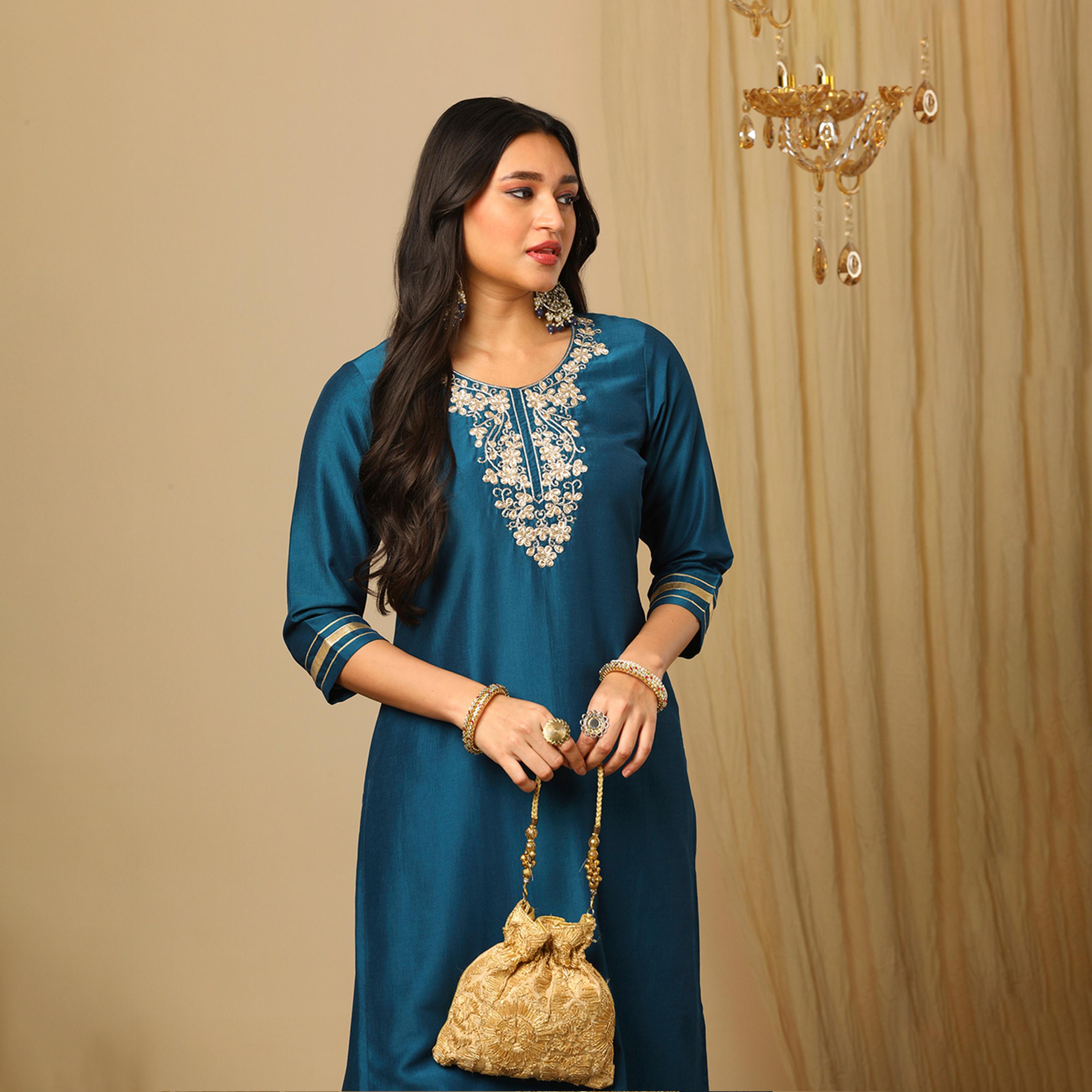 Globus X Styli Embroidered Lace Straight Kurta And Elasticated Pants Set-women-clothing-ethnicwear-bottoms-pants-image-6