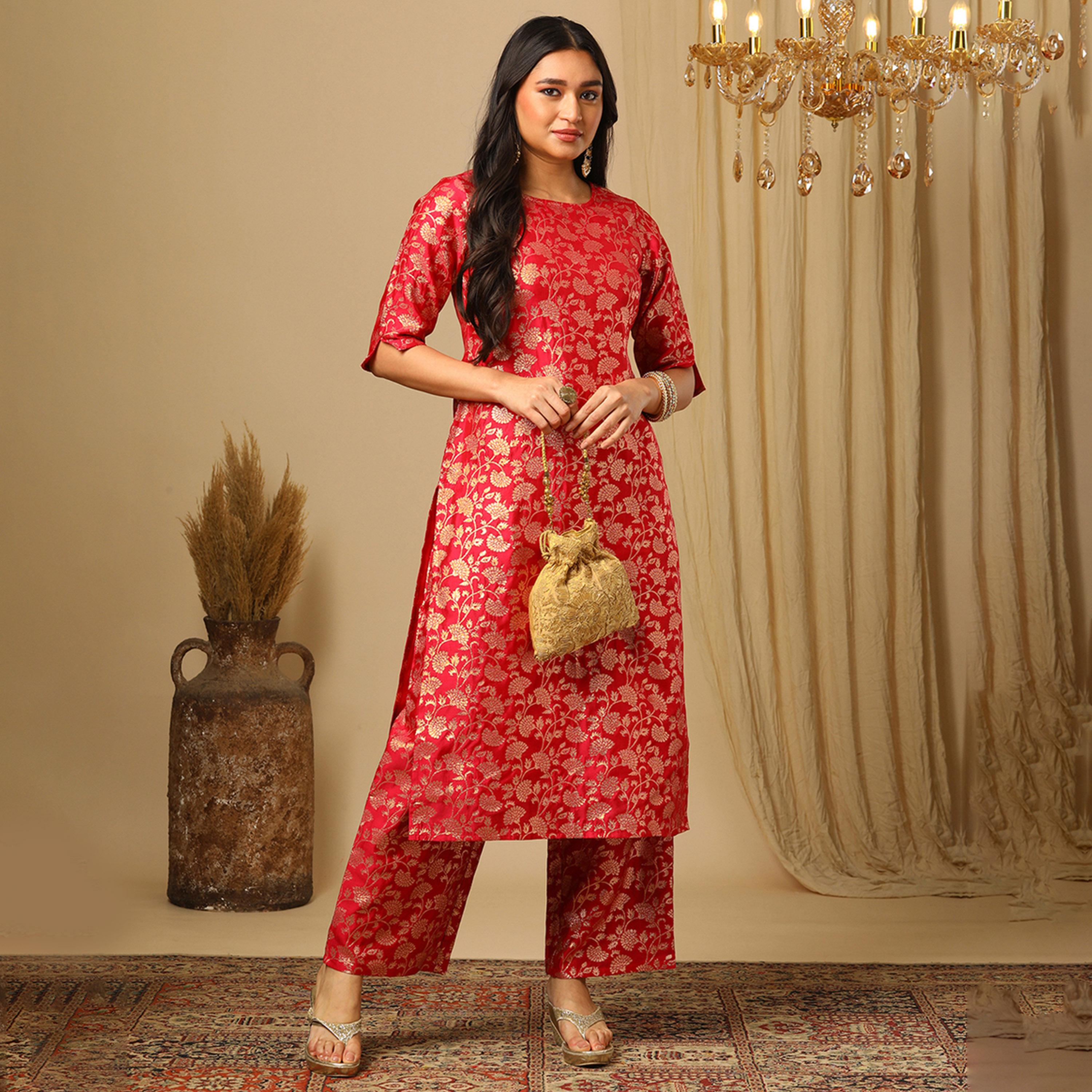 غلوبوس × ستايلي - طقم كورتا مستقيمة بطبعة زهور ورقبة دائرية مع بنطال بخصر مطاطي-women-clothing-ethnicwear-kurtasets-image-1