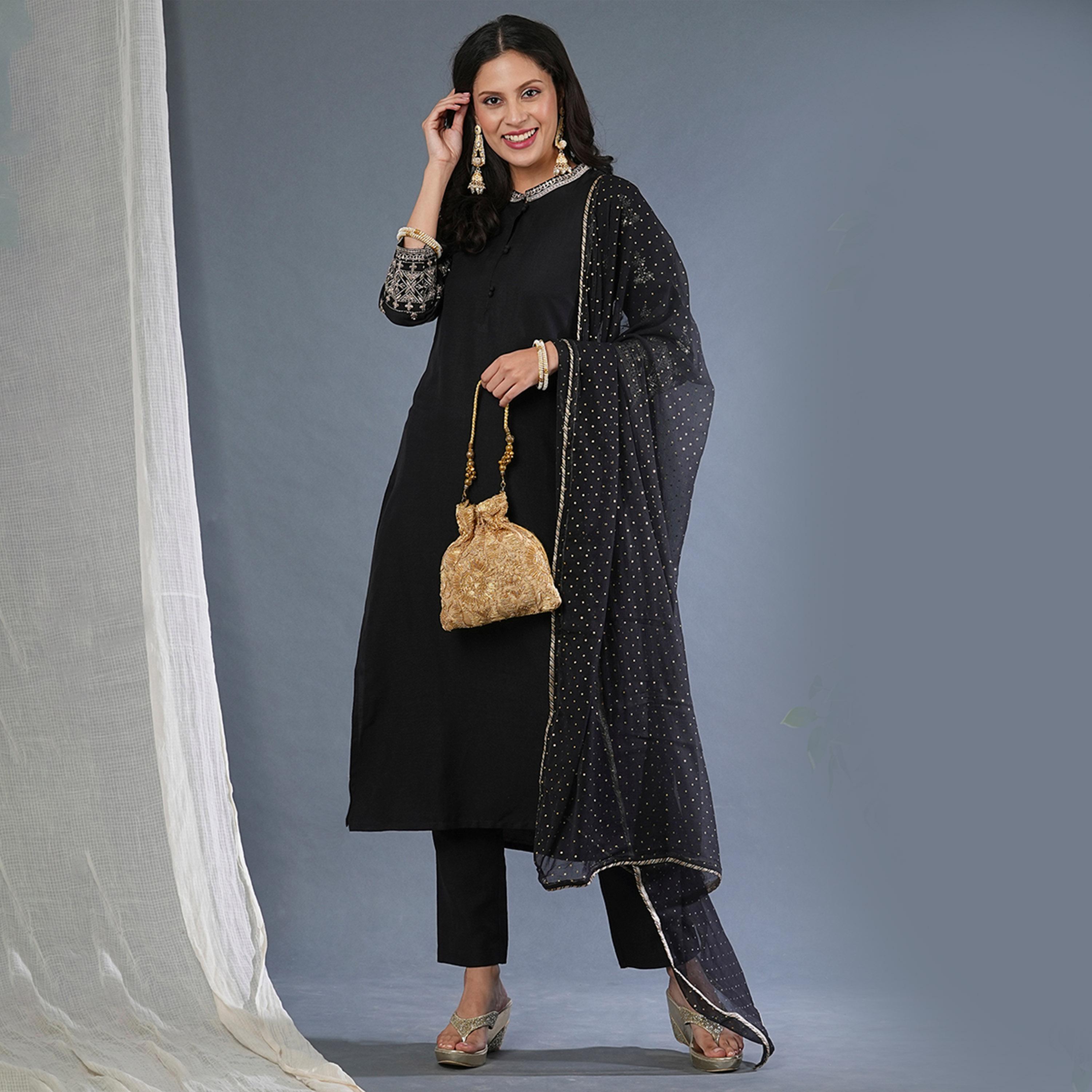 Globus X Styli Embroidered Sleeves Straight Kurta With Pants And Sequined Dupatta Set-women-clothing-ethnicwear-kurtasets-image-1