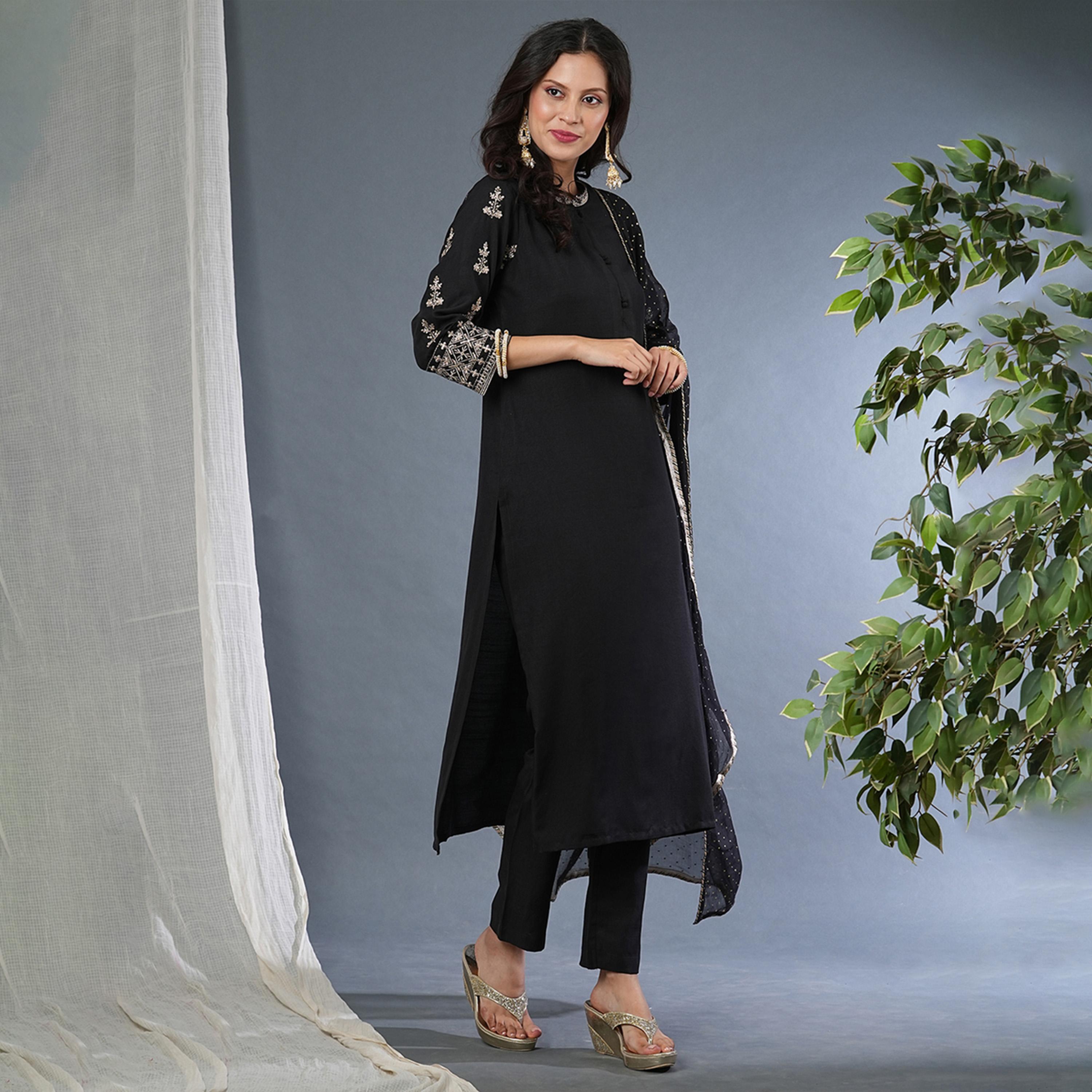 Globus X Styli Embroidered Sleeves Straight Kurta With Pants And Sequined Dupatta Set-women-clothing-ethnicwear-kurtasets-image-2