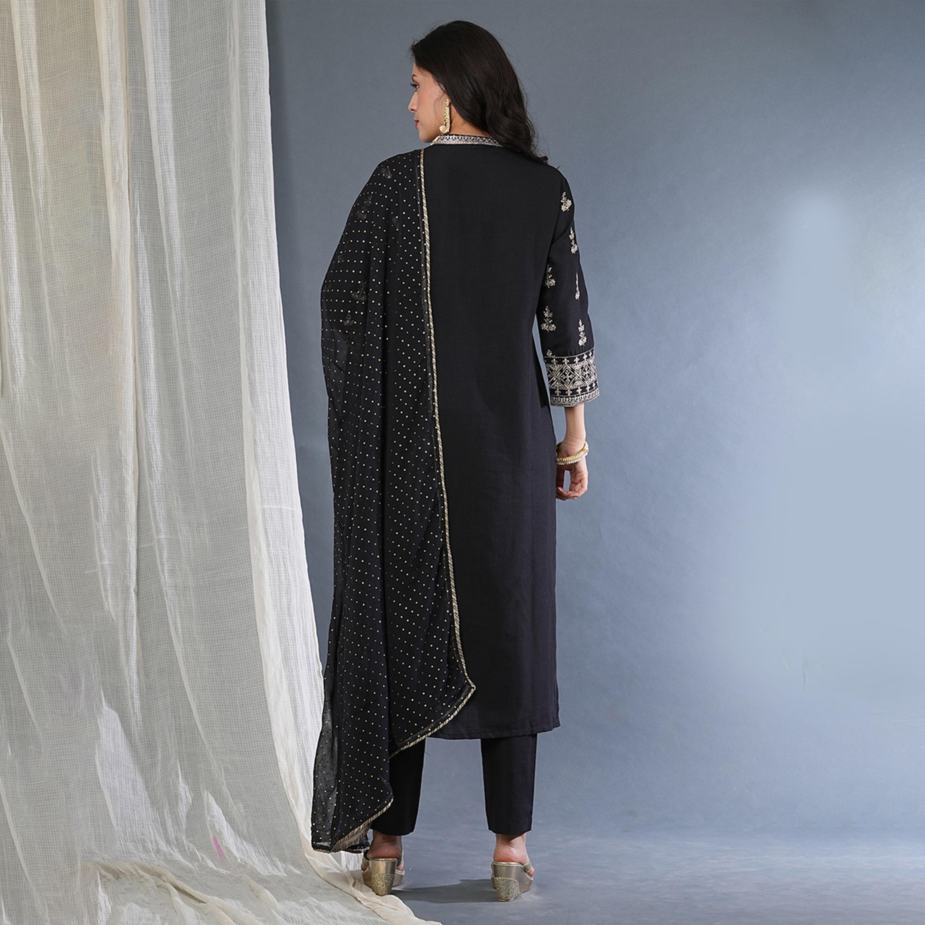 Globus X Styli Embroidered Sleeves Straight Kurta With Pants And Sequined Dupatta Set-women-clothing-ethnicwear-kurtasets-image-3
