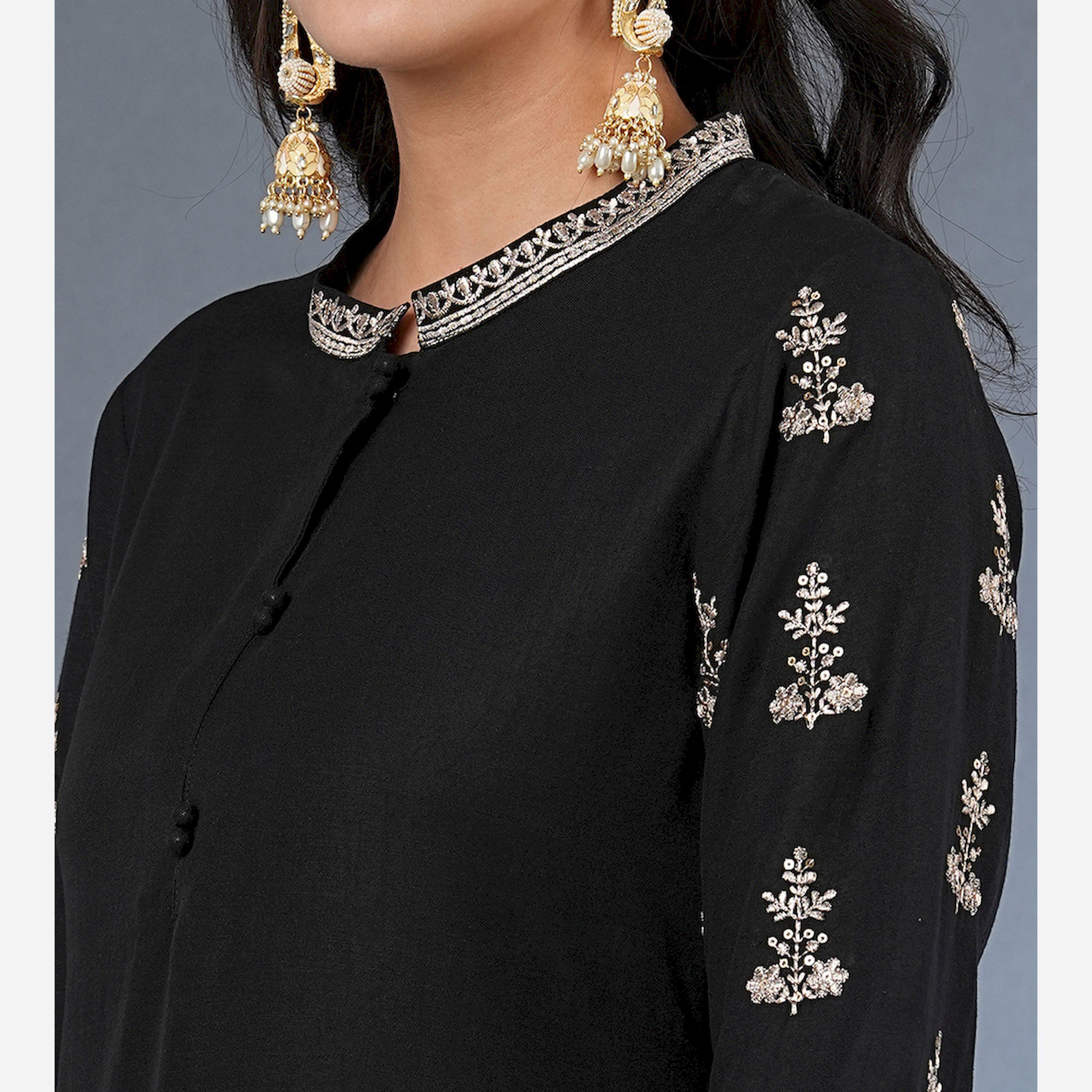 Globus X Styli Embroidered Sleeves Straight Kurta With Pants And Sequined Dupatta Set-women-clothing-ethnicwear-kurtasets-image-4