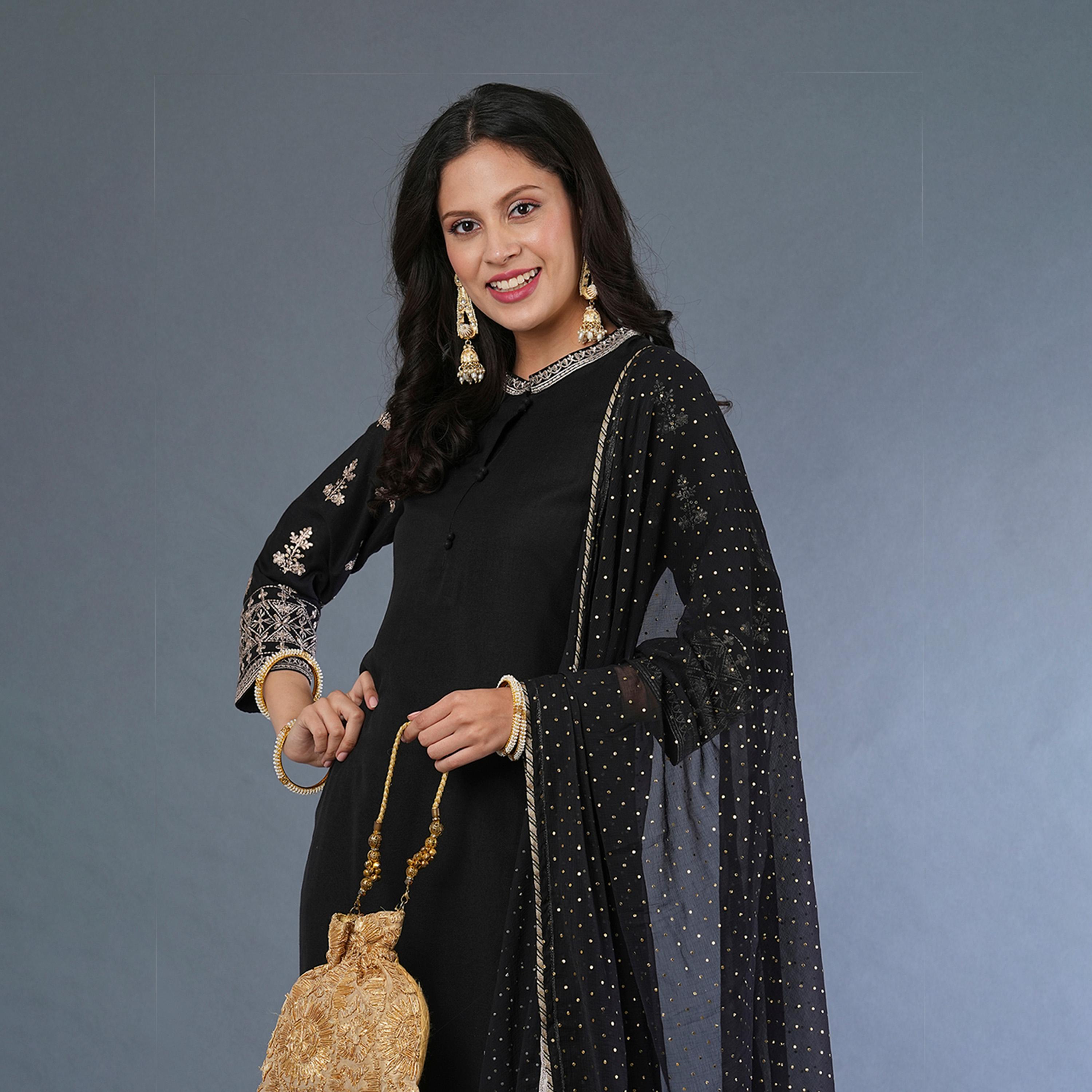Globus X Styli Embroidered Sleeves Straight Kurta With Pants And Sequined Dupatta Set-women-clothing-ethnicwear-kurtasets-image-7