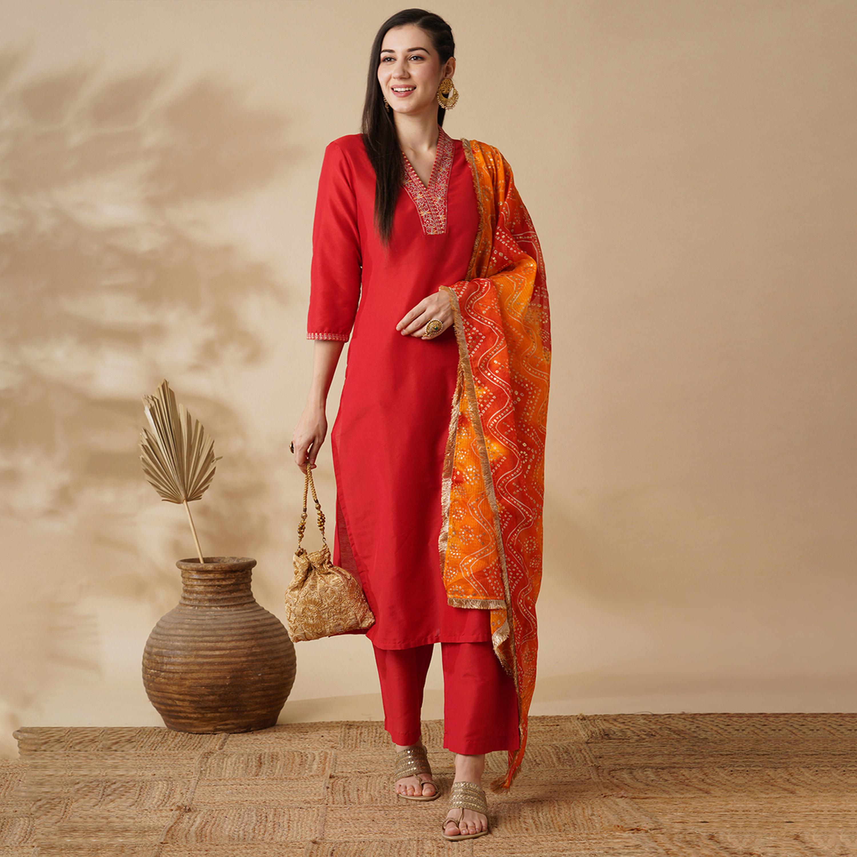 Globus X Styli Embroidered V-Neck Straight Kurta And Trouser With Dupatta Set-women-clothing-ethnicwear-kurtasets-image-1