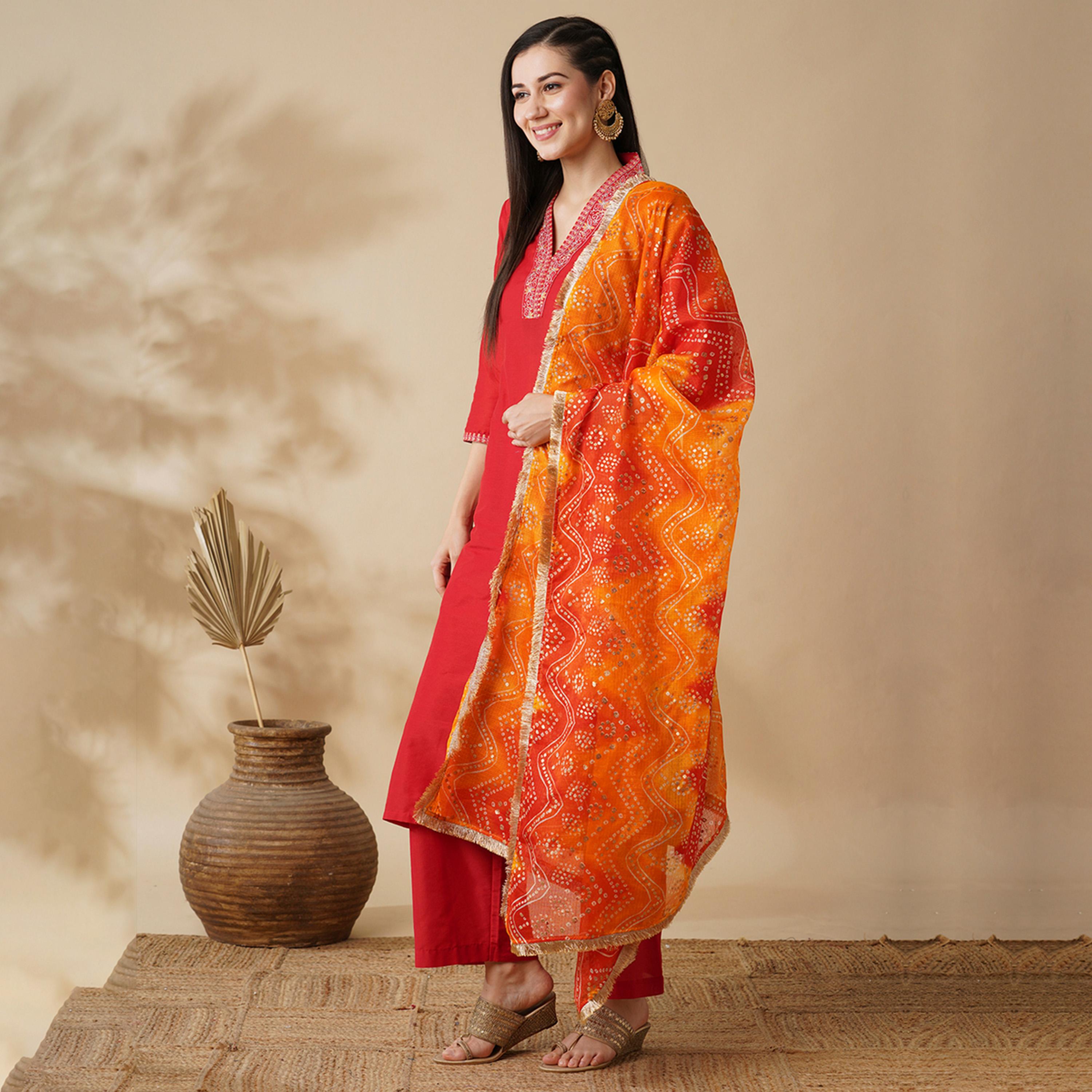 Globus X Styli Embroidered V-Neck Straight Kurta And Trouser With Dupatta Set-women-clothing-ethnicwear-kurtasets-image-2