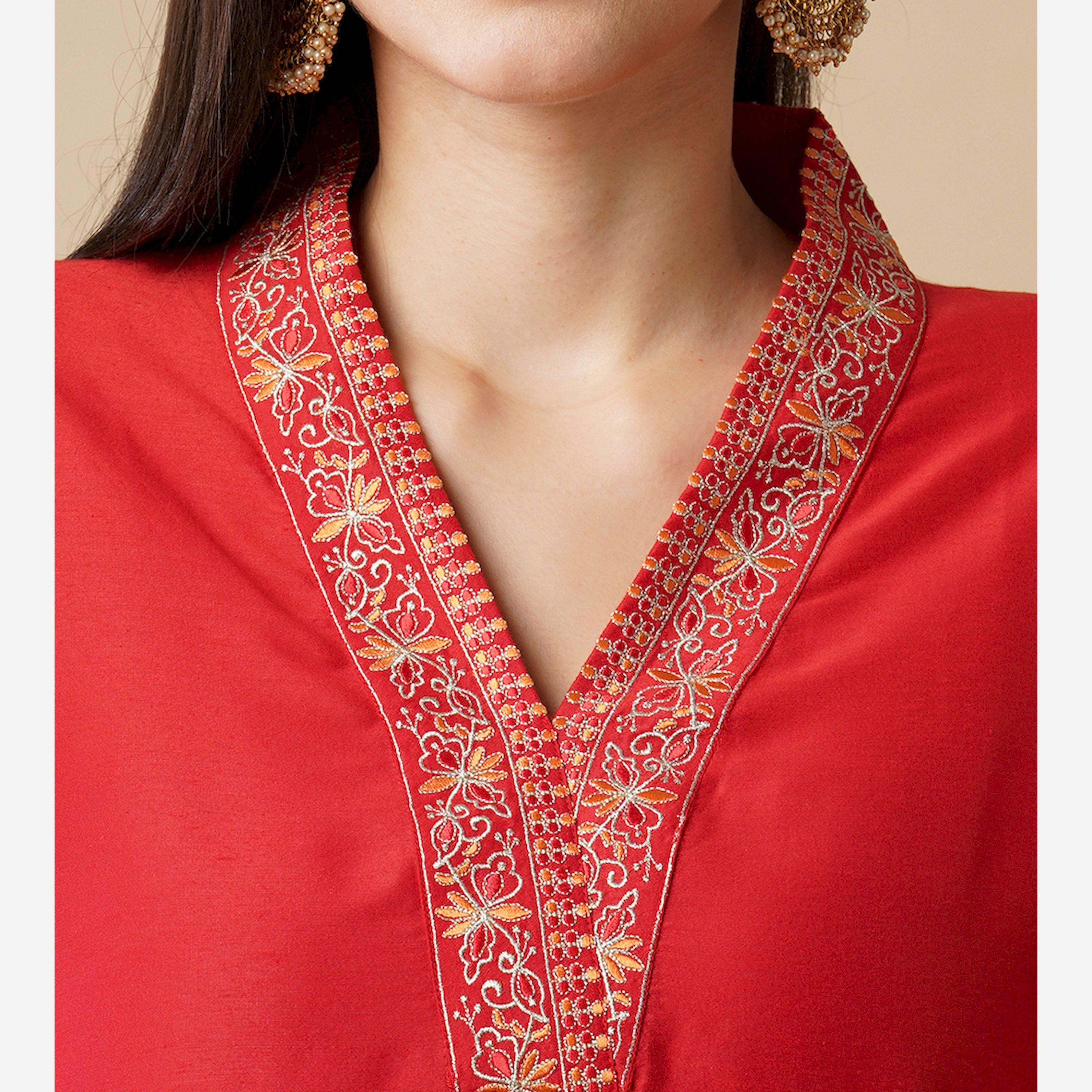 Globus X Styli Embroidered V-Neck Straight Kurta And Trouser With Dupatta Set-women-clothing-ethnicwear-kurtasets-image-4