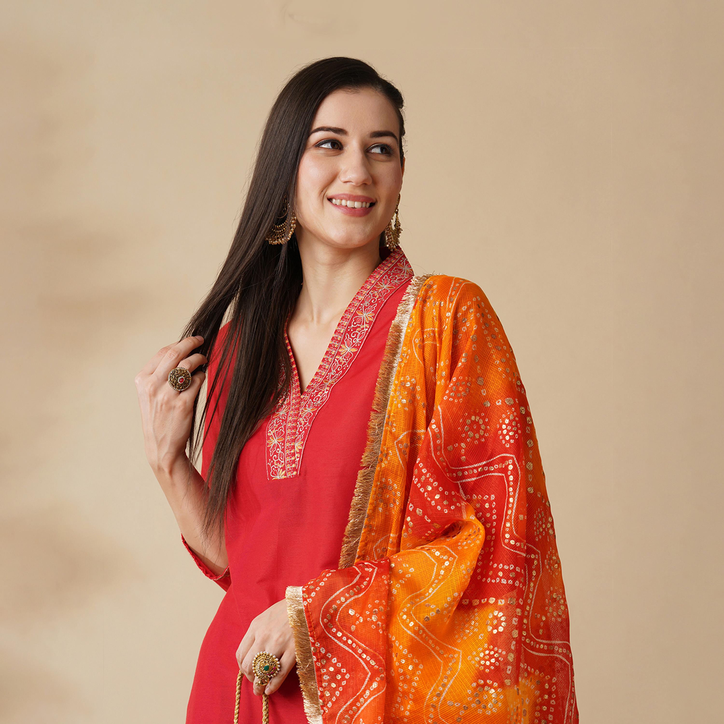 Globus X Styli Embroidered V-Neck Straight Kurta And Trouser With Dupatta Set-women-clothing-ethnicwear-kurtasets-image-7