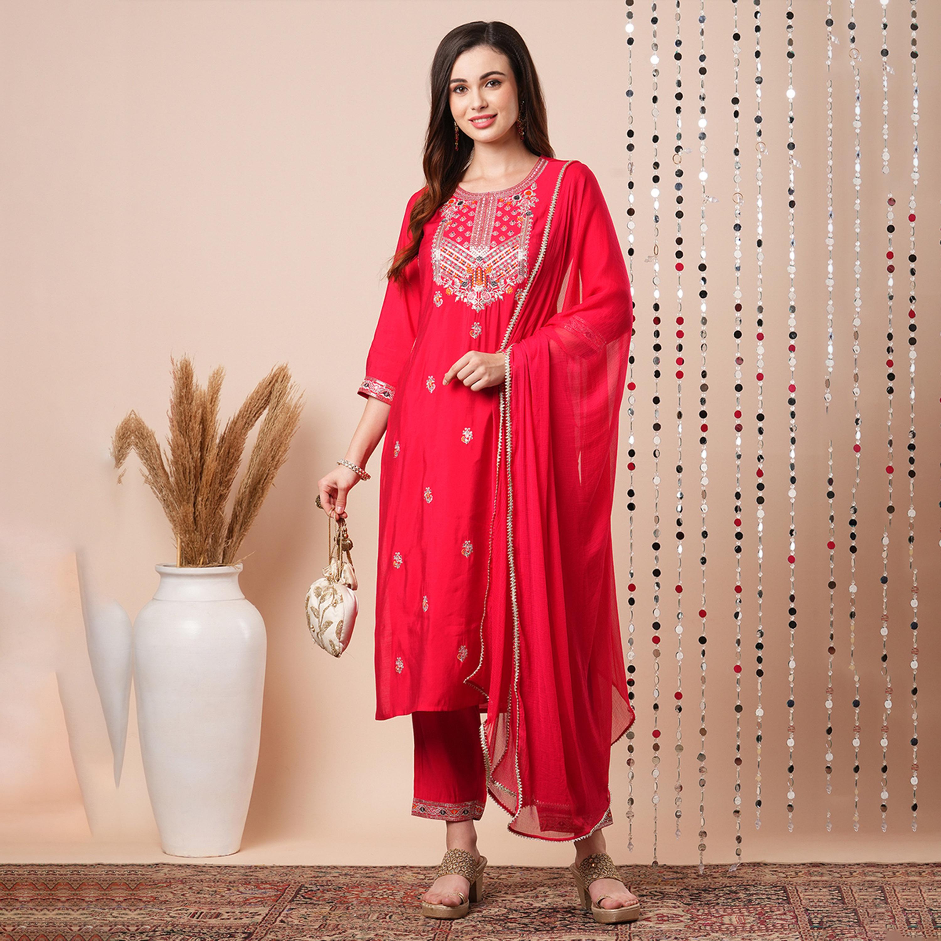 غلوبوس × ستايلي - طقم كورتا مستقيمة مطرزة بالترتر والزهور مع بنطال ووشاح دوباتا-women-clothing-ethnicwear-bottoms-pants-image-1