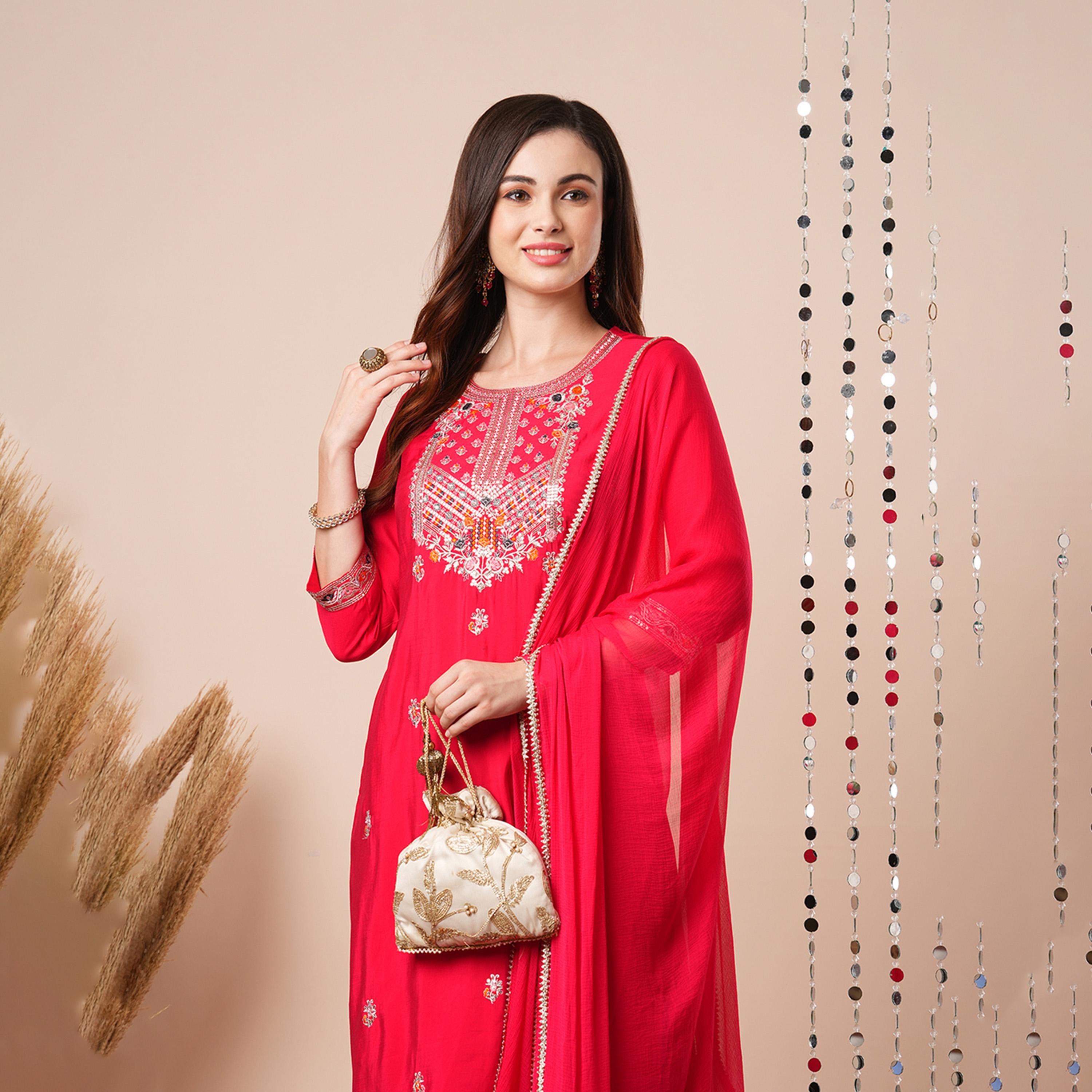 غلوبوس × ستايلي - طقم كورتا مستقيمة مطرزة بالترتر والزهور مع بنطال ووشاح دوباتا-women-clothing-ethnicwear-bottoms-pants-image-7