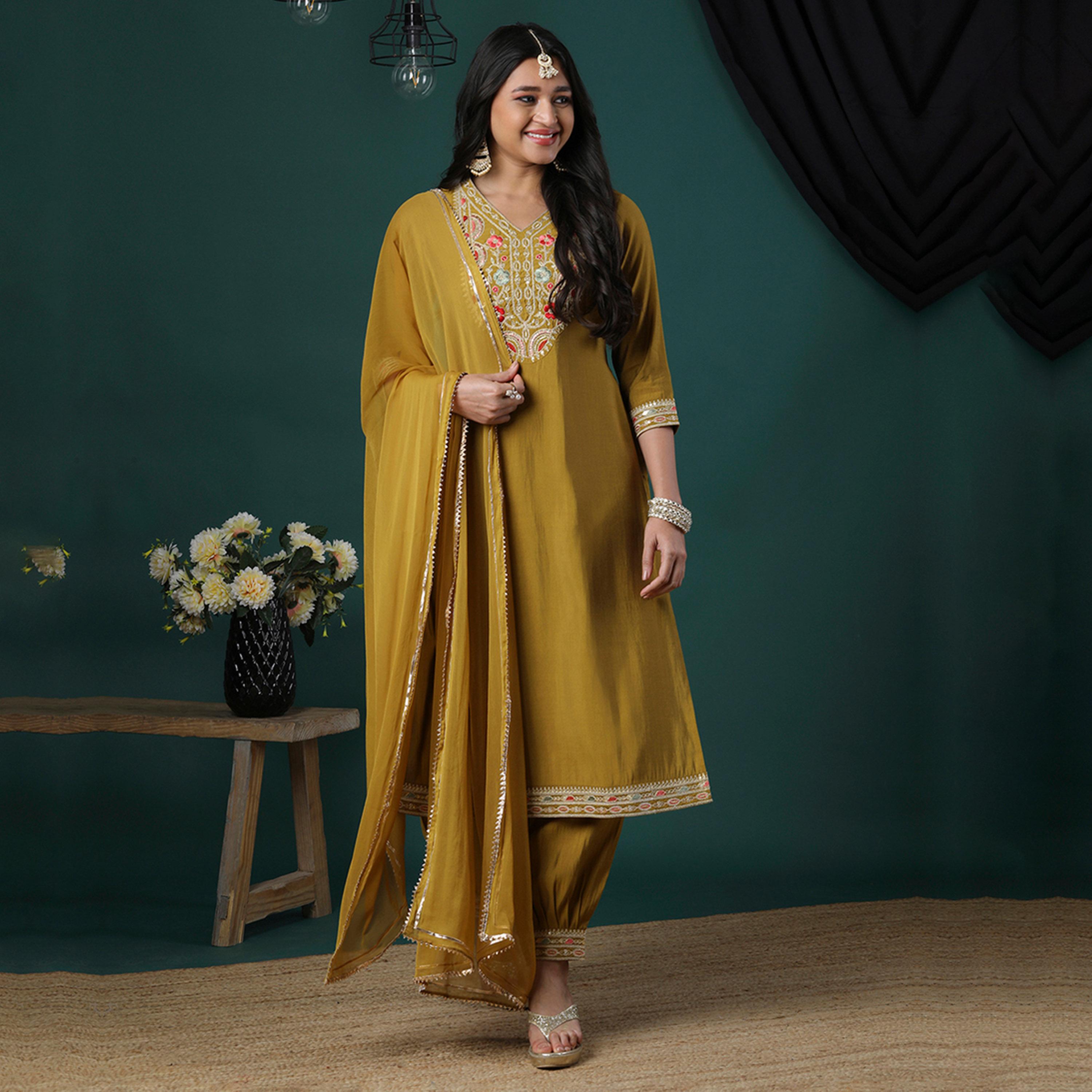 Globus X Styli Sequined Floral Embroidered V-Neck Straight Kurta And Pants With Dupatta Set-women-clothing-ethnicwear-kurtasets-image-1