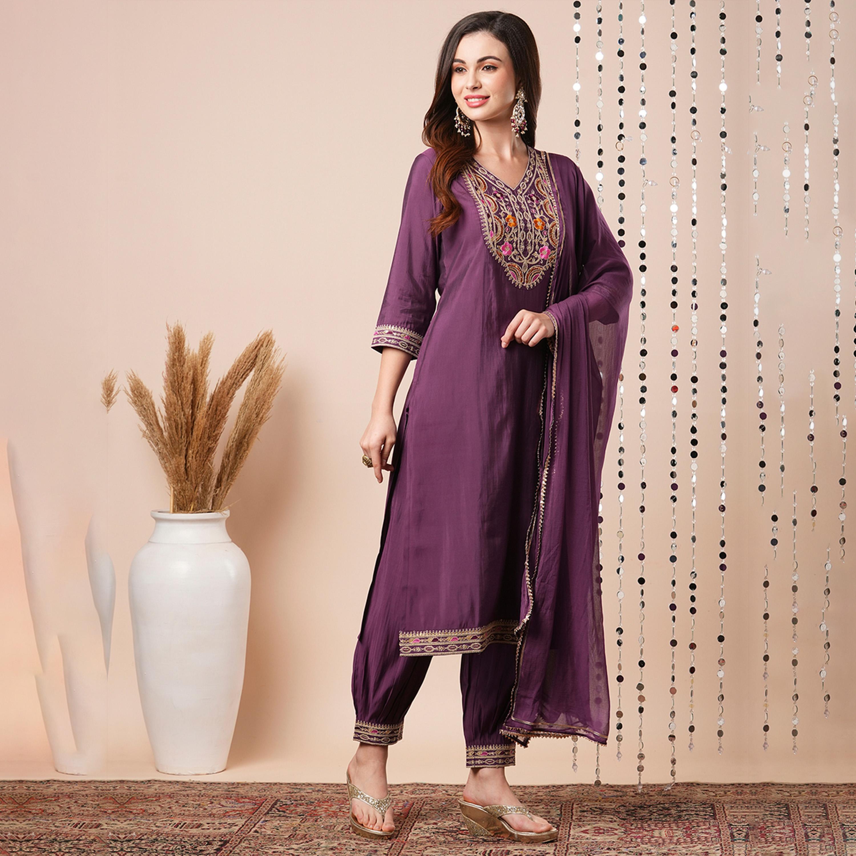 Globus X Styli Sequined Floral Embroidered V-Neck Straight Kurta With Pants And Dupatta Set-women-clothing-ethnicwear-bottoms-pants-image-2