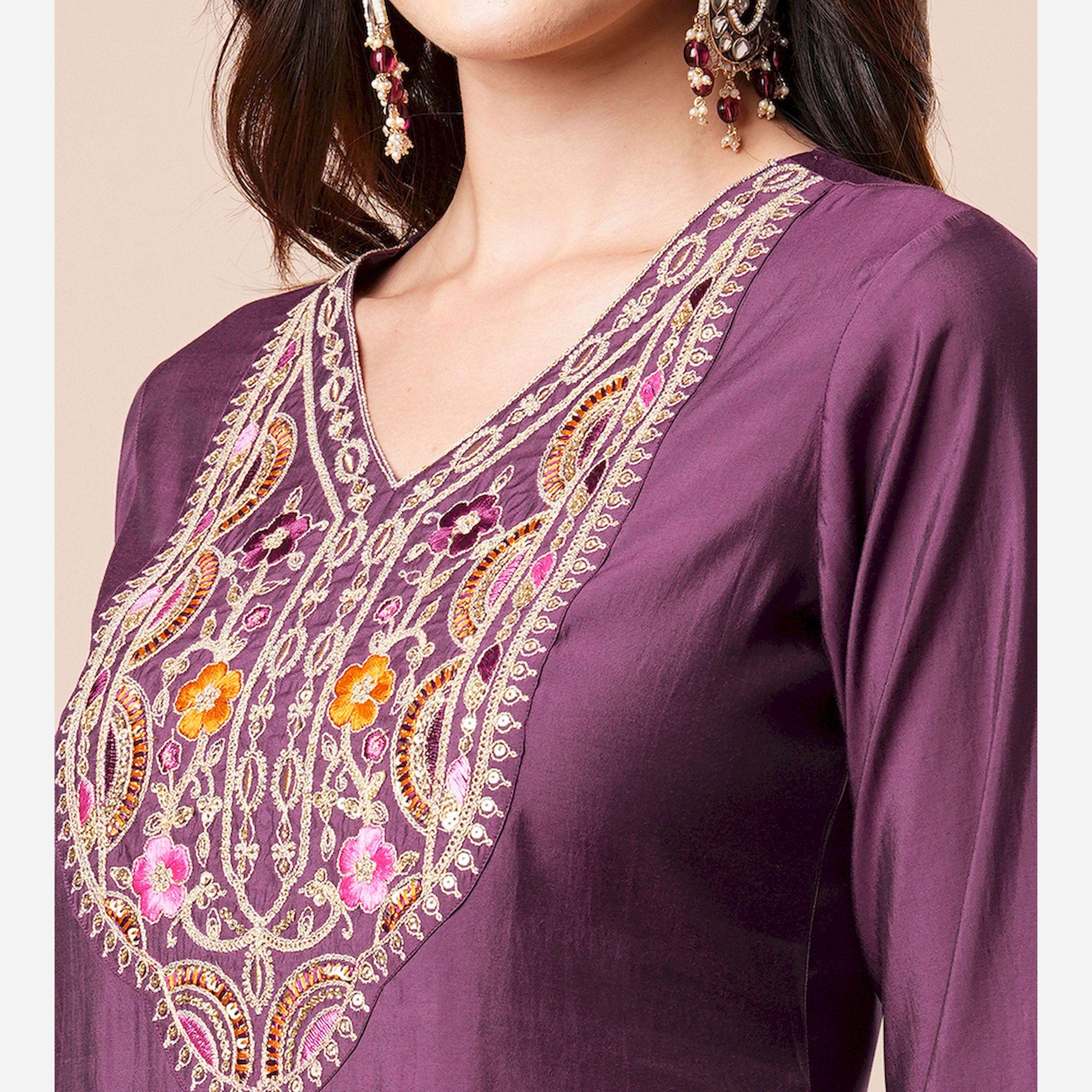 Globus X Styli Sequined Floral Embroidered V-Neck Straight Kurta With Pants And Dupatta Set-women-clothing-ethnicwear-bottoms-pants-image-4