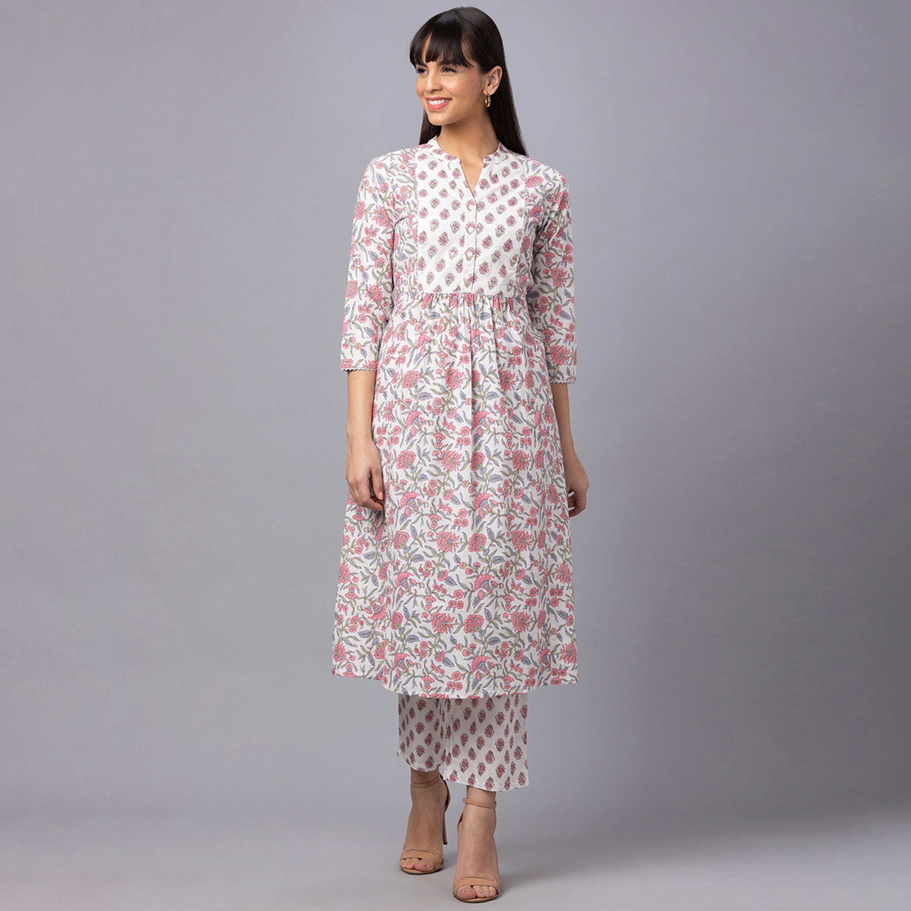 Globus X Styli Globus Women Ivory Mandarin Collar Printed Panelled Kurta Set With Trouser-women-clothing-ethnicwear-kurtasets-image-1