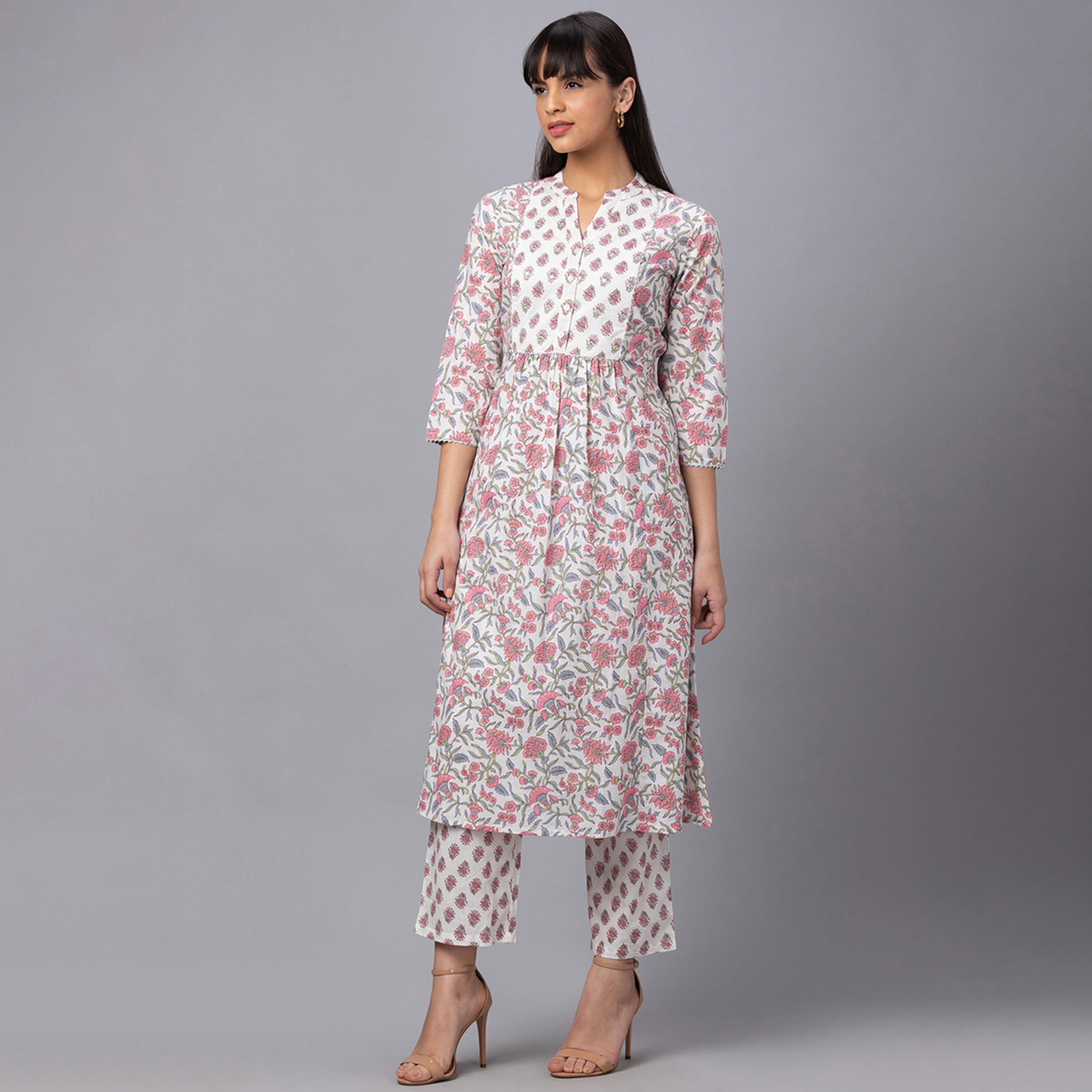 غلوبوس × ستايلي - طقم كورتا نسائي غلوبوس عاجي مطبوع بياقة صينية مع بنطال-women-clothing-ethnicwear-kurtasets-image-4