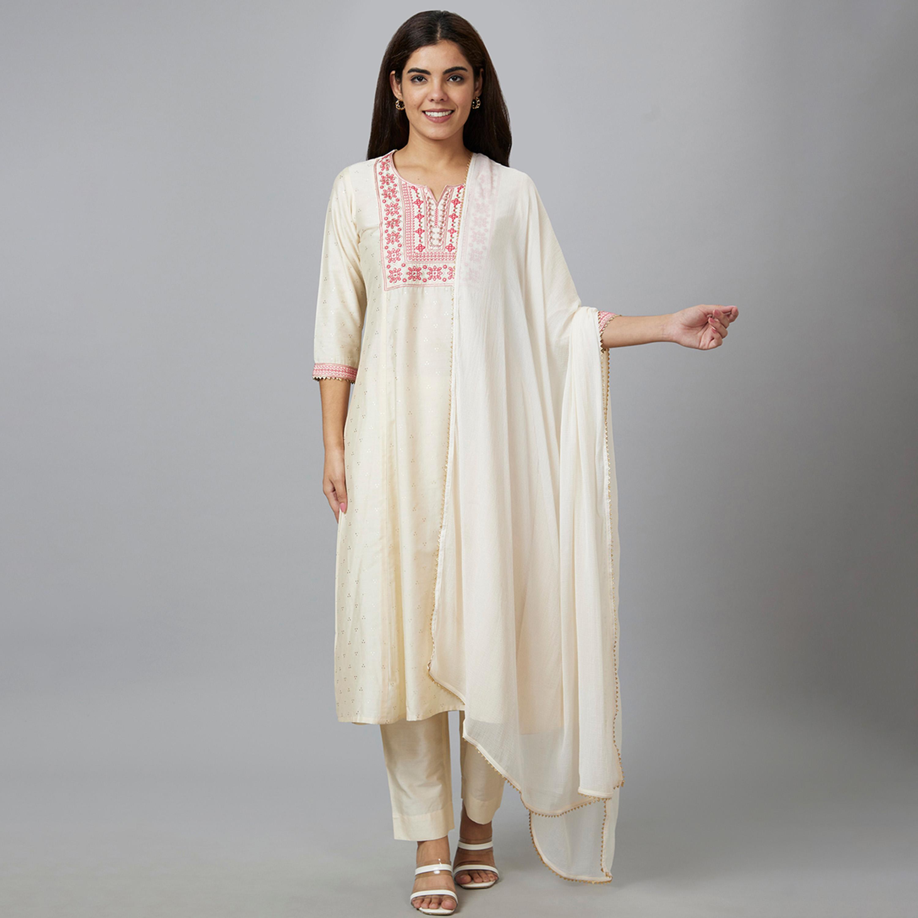 غلوبوس × ستايلي - طقم كورتا مطرز باللون الأبيض غلوبوس للنساء مع بنطال ووشاح-women-clothing-ethnicwear-bottoms-pants-image-1