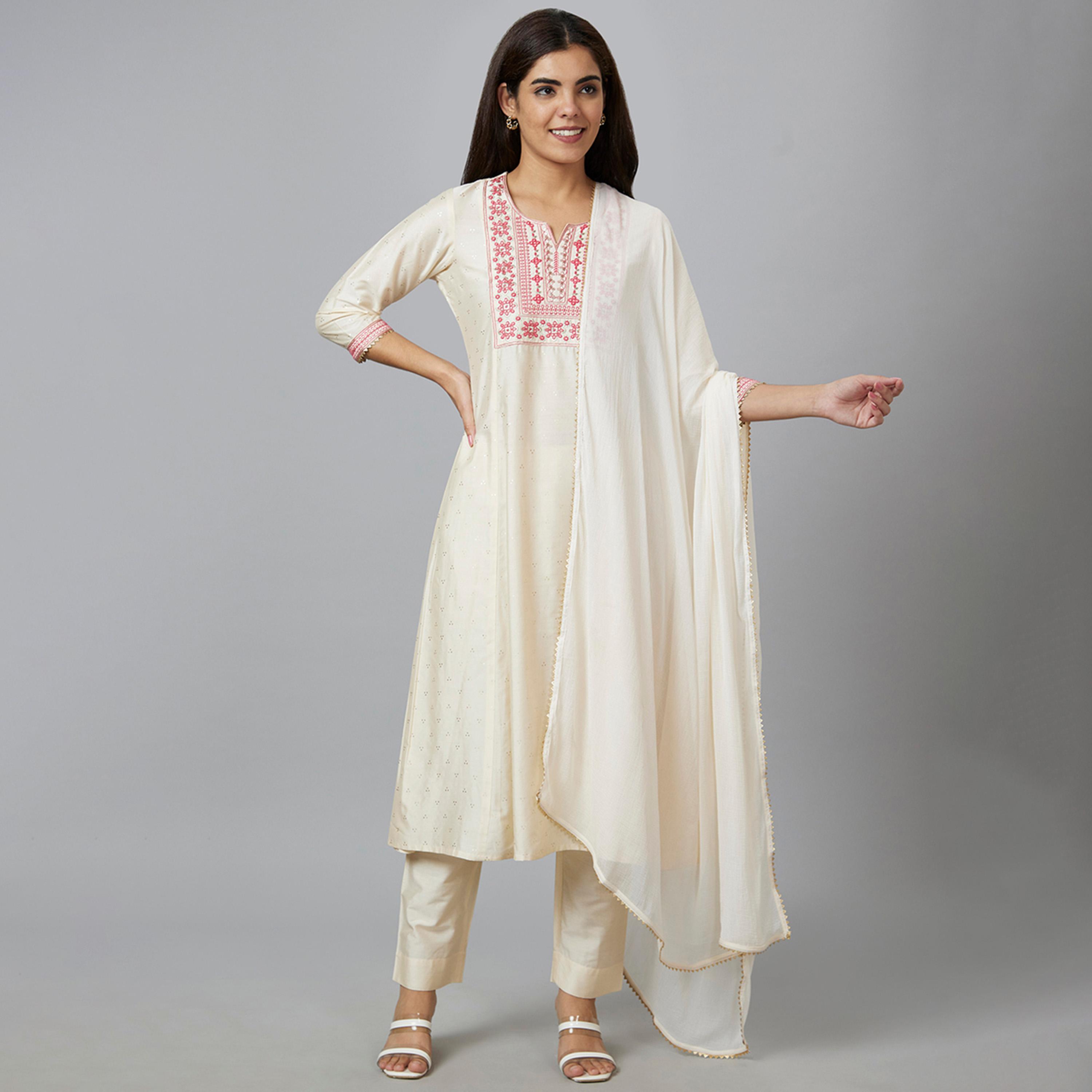 Globus X Styli Globus Women Off White Embroidered A-Line Kurta Set With Trouser And Dupatta-women-clothing-ethnicwear-bottoms-pants-image-2